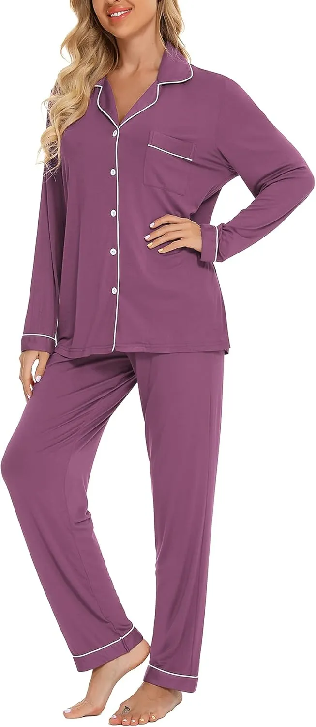 Anjue Pajamas for Women Soft Button Up Pajama Set Long Sleeve Shirt and Pajama Pants Lounge Sets S-XXL