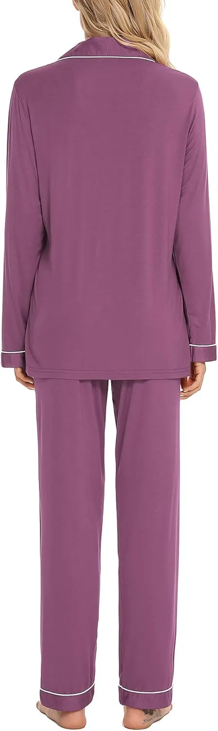 Anjue Pajamas for Women Soft Button Up Pajama Set Long Sleeve Shirt and Pajama Pants Lounge Sets S-XXL