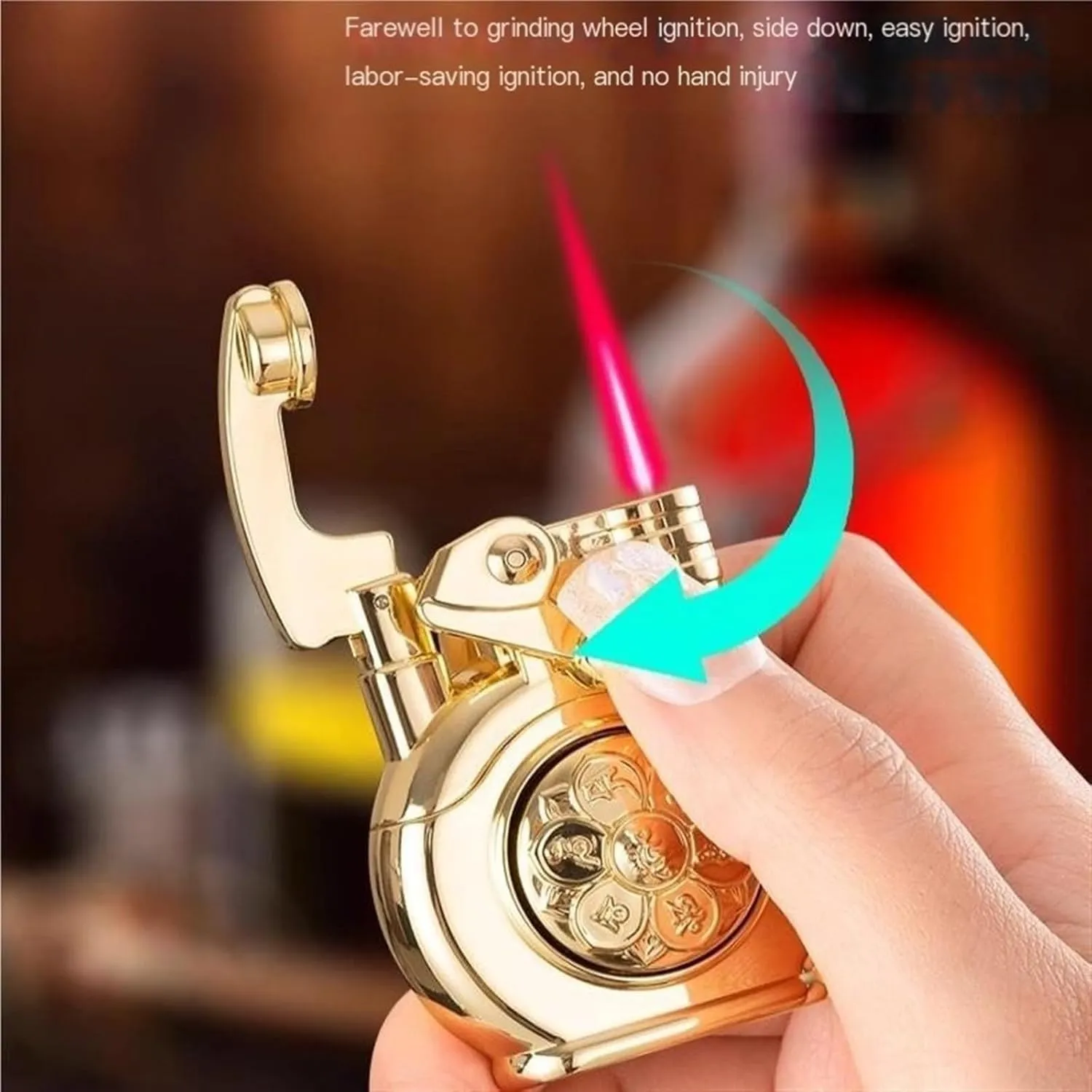 Antique Handmade Brass Butane Lighters, Vintage Metal Rocker Arm, Windproof Jet Flame, Adjustable Flame, Refillable Gas Portable Lighter (Fuel Not Included)(Gold)