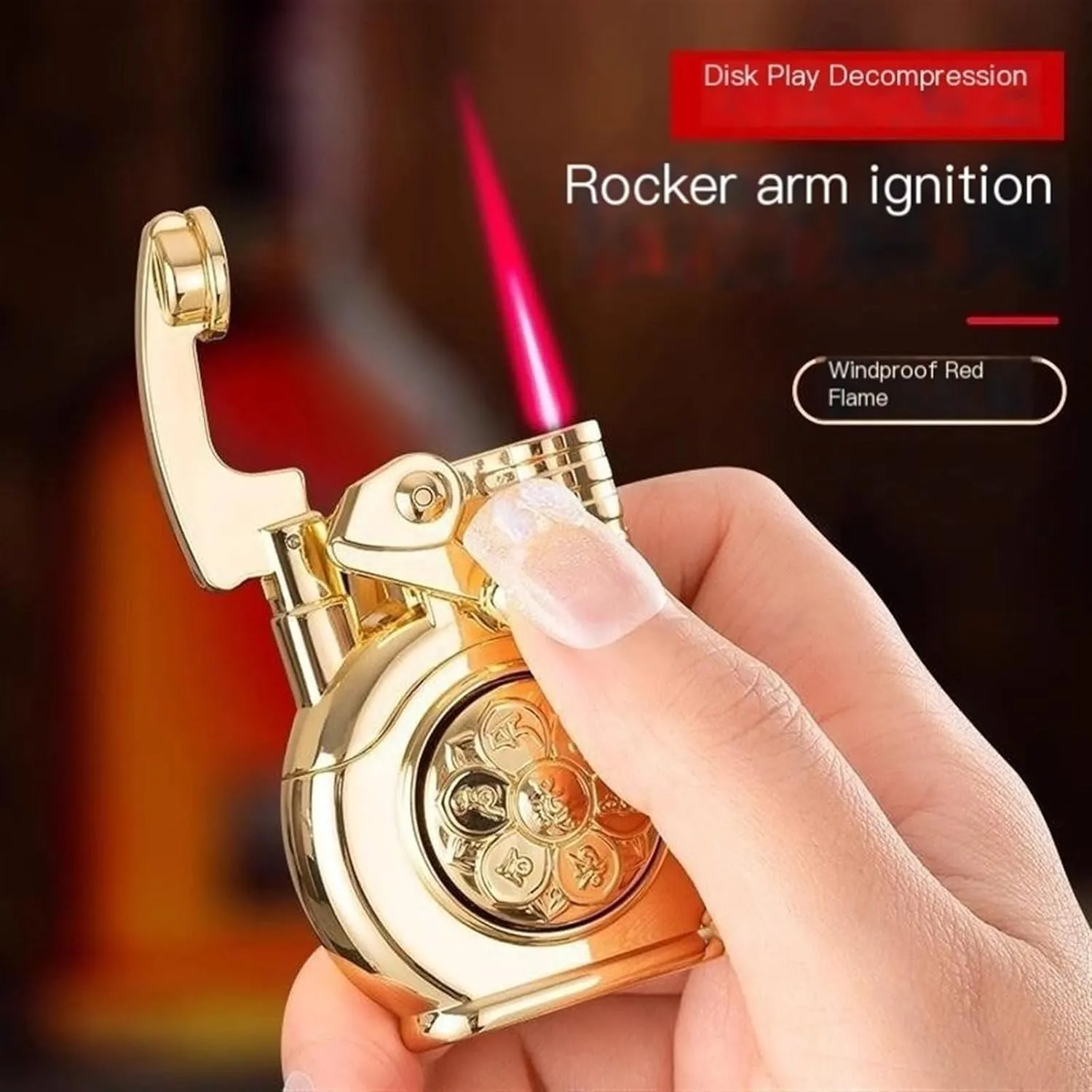 Antique Handmade Brass Butane Lighters, Vintage Metal Rocker Arm, Windproof Jet Flame, Adjustable Flame, Refillable Gas Portable Lighter (Fuel Not Included)(Gold)