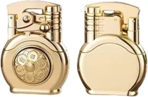 Antique Handmade Brass Butane Lighters, Vintage Metal Rocker Arm, Windproof Jet Flame, Adjustable Flame, Refillable Gas Portable Lighter (Fuel Not Included)(Gold)