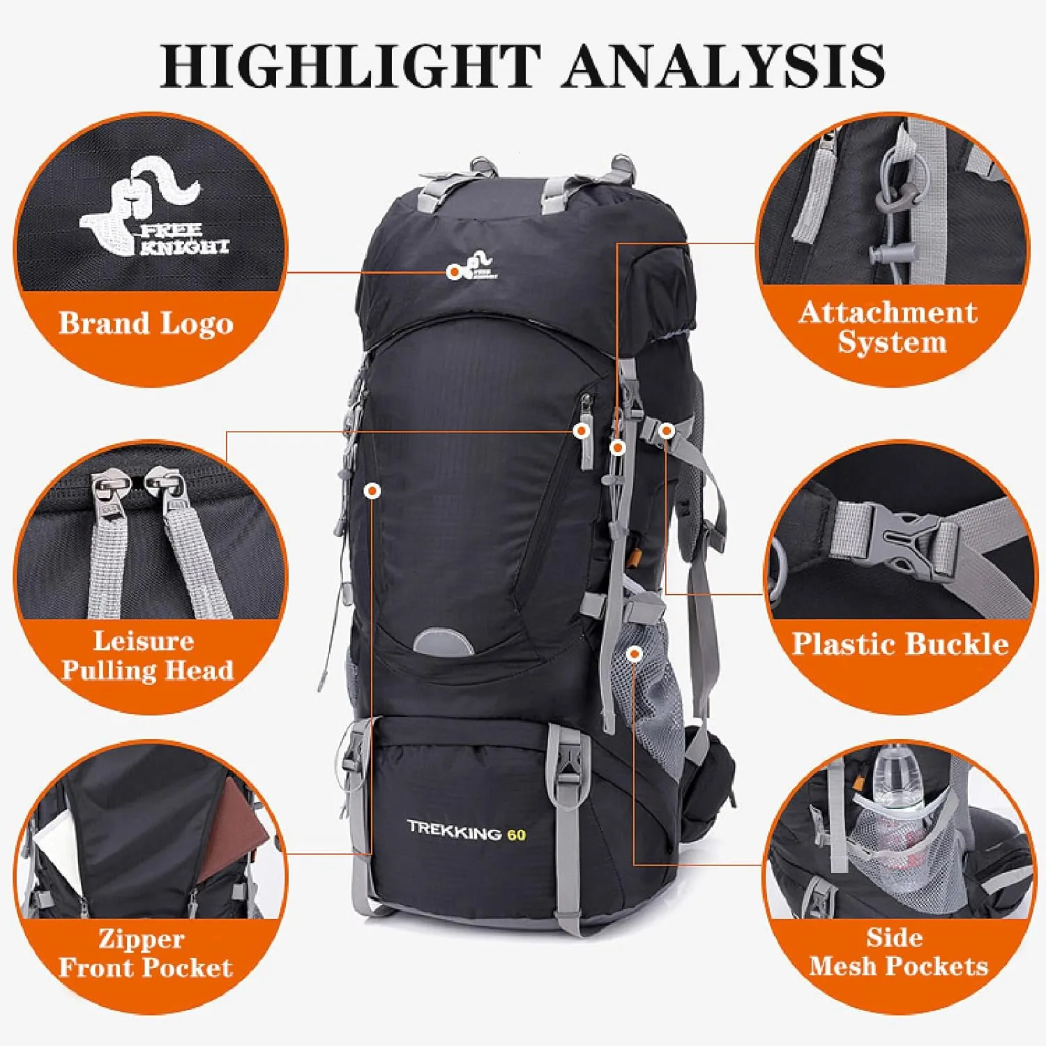 APLUSH Hiking Camping Backpack with Rain Cover, Lightweight Waterproof Outdoor Sport Travel Daypack for Climbing Touring,Black a,60L
