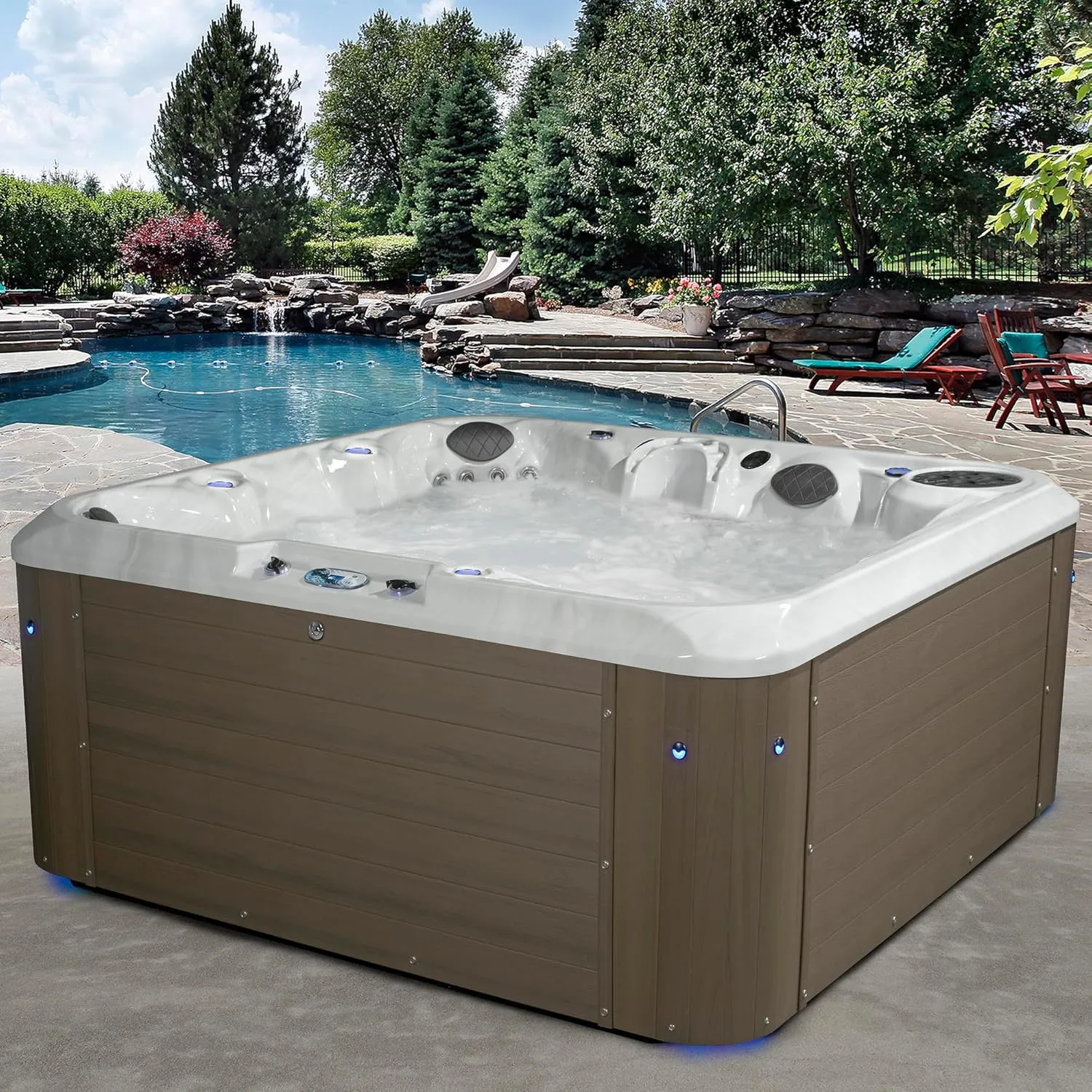 AquaLife Nautical 4-Person 24-Jet Acrylic Non-Lounger Hot Tub with Face-to Face Seating, Bluetooth Stereo, Insulated Cover
