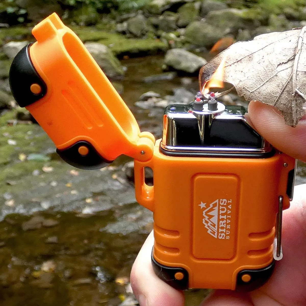 Arc4 Waterproof/Windproof Plasma Lighter - Top-Facing Dual Arc - Rechargeable USB Electric Lighter for Outdoor Adventures with Whistle Lanyard (Orange)
