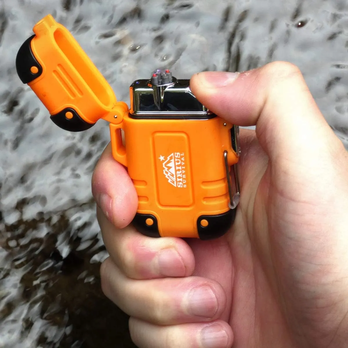 Arc4 Waterproof/Windproof Plasma Lighter - Top-Facing Dual Arc - Rechargeable USB Electric Lighter for Outdoor Adventures with Whistle Lanyard (Orange)
