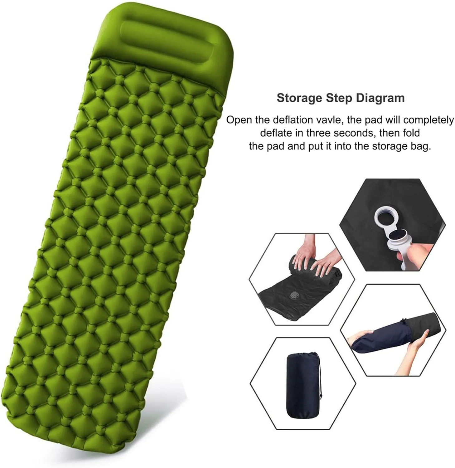 Army Green Inflatable Sleeping Pad with Built in Pillow Tear Resistant for Outdoor Camping Sleep Easy Storage