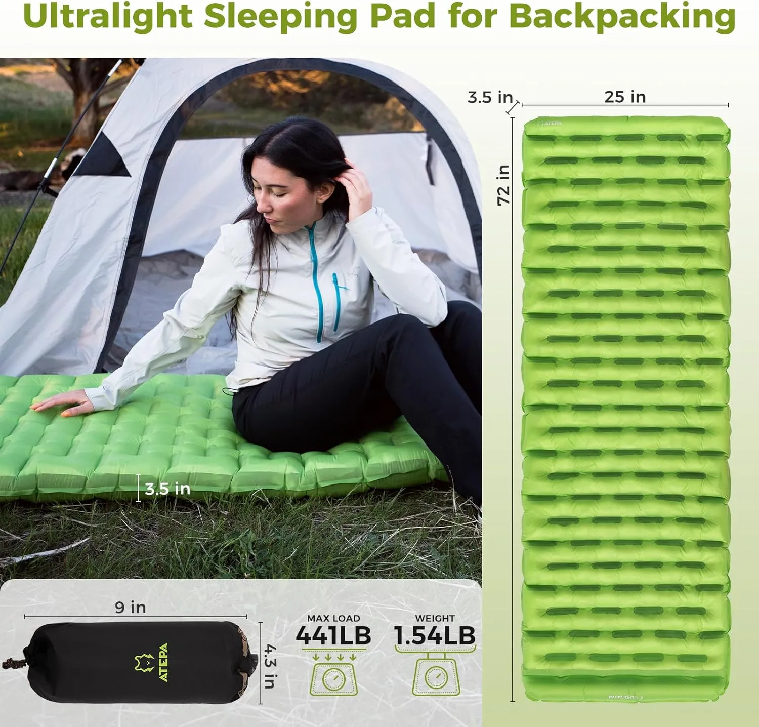 ATEPA Backpacking Sleeping Pad, 6 R-Value Insulated Ultralight Inflatable Sleeping Pad Thick Folding Camping Mattress with 7 Layers & Storage Bag for Camping Backpacking, Wide Long Size (72"x25")