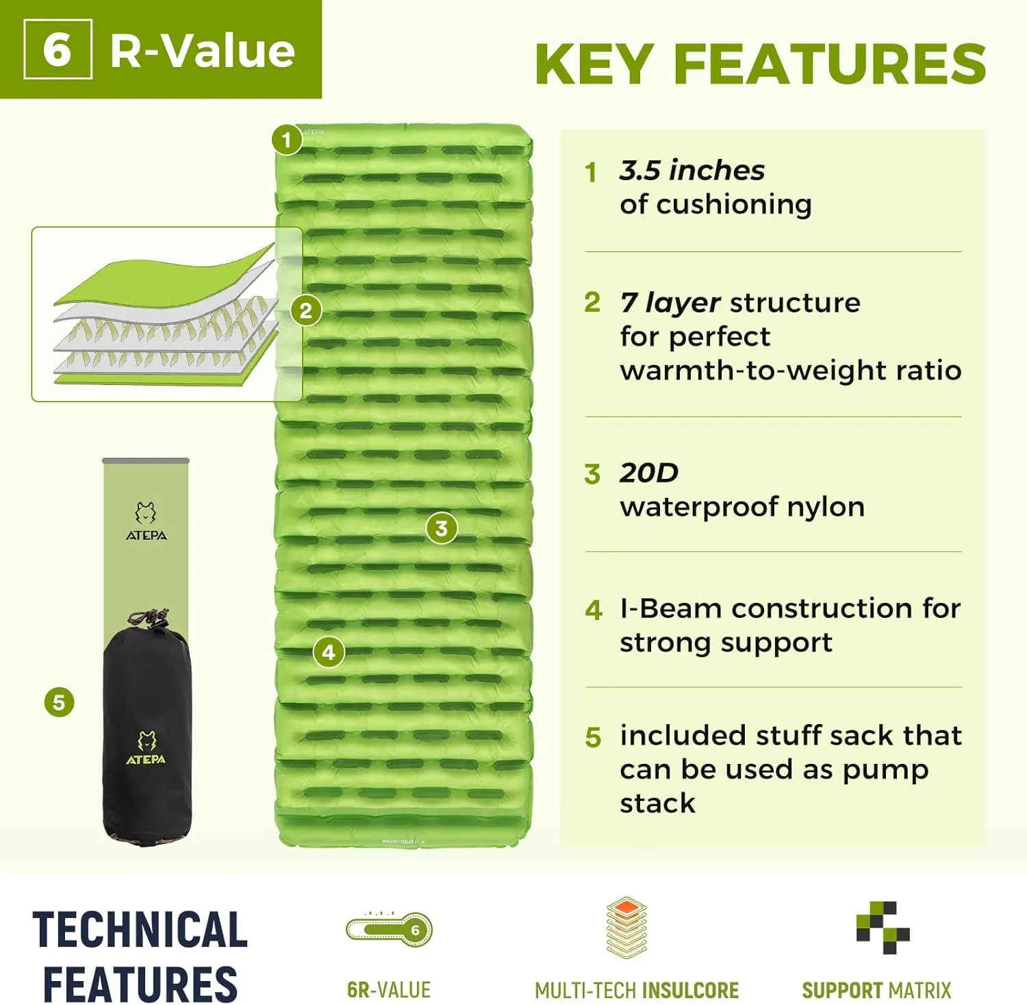 ATEPA Backpacking Sleeping Pad, 6 R-Value Insulated Ultralight Inflatable Sleeping Pad Thick Folding Camping Mattress with 7 Layers & Storage Bag for Camping Backpacking, Wide Long Size (72"x25")