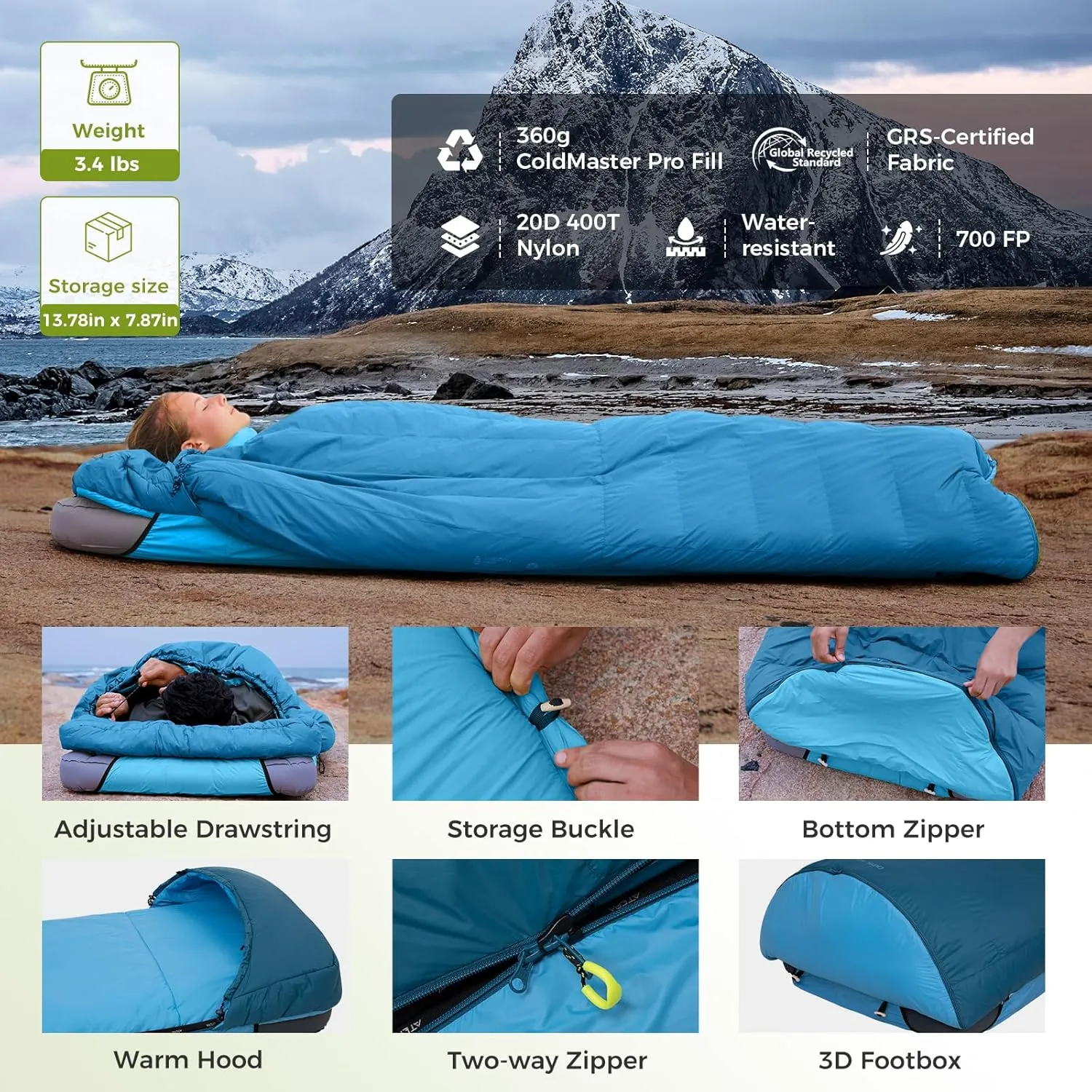 ATEPA Down Sleeping Bag, Recycled 650FP 0 Degree 40 Degree 4 Season Summer & Winter Compact Rectangle Lightweight Waterproof Wearable Sleeping Bag with Compression Sack for Camping Backpacking Hiking