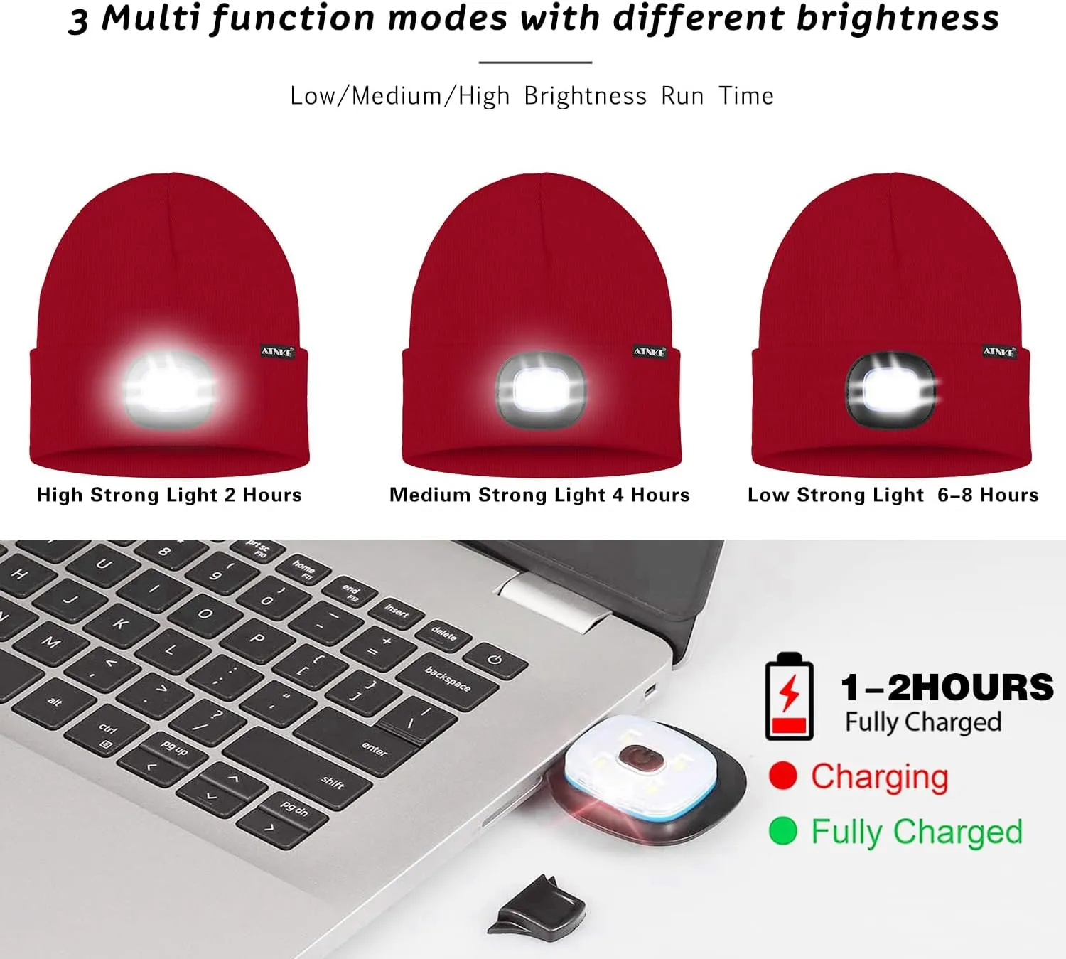 ATNKE 2Pcs LED Lighted Beanie Hat,USB Rechargeable 4 LED Running Headlamp Bright Cap with Light Gifts for Men and Women