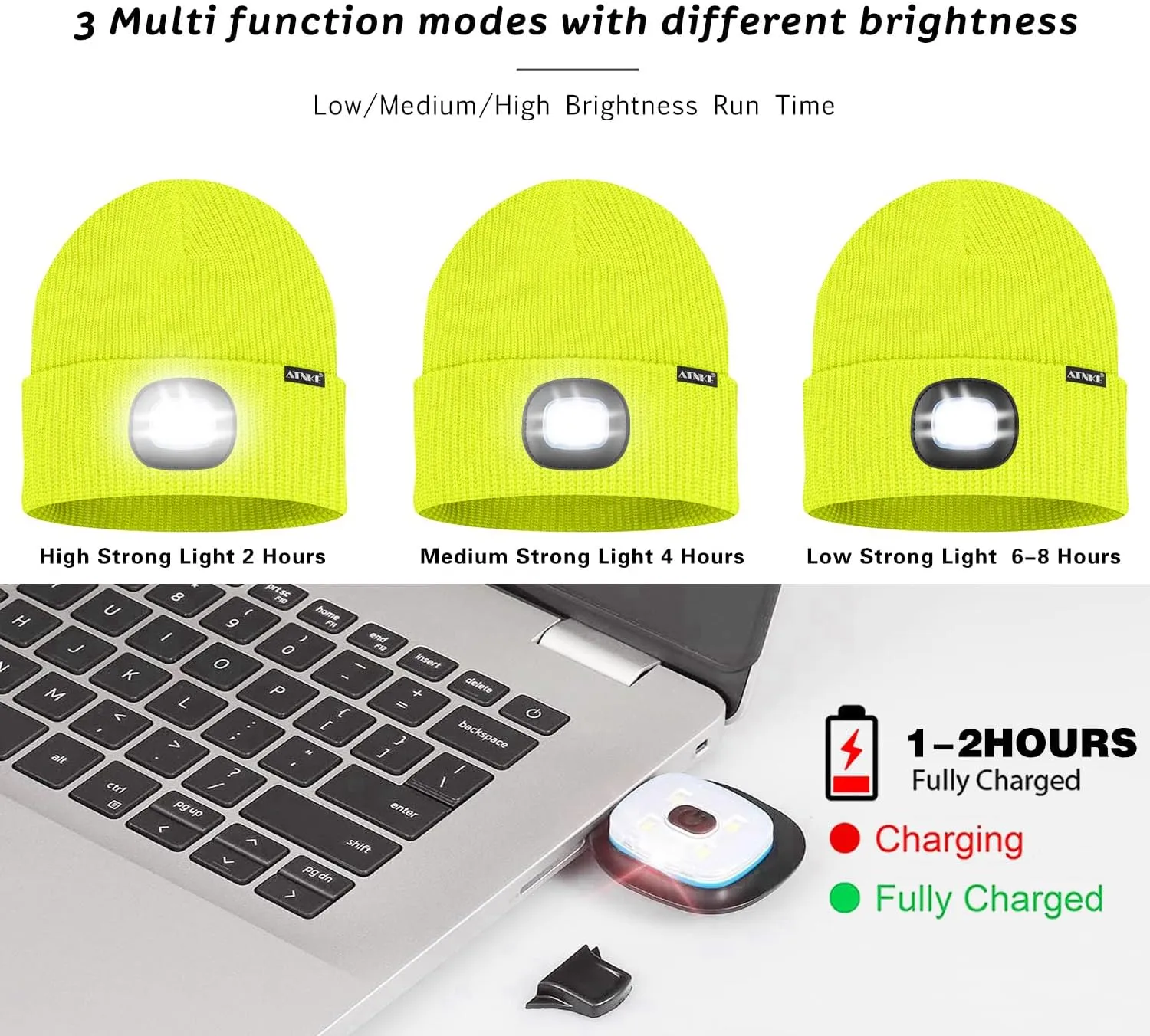 ATNKE LED Beanie with The Light, Unisex USB Rechargeable 4 LED Running Headlamp Bright Caps Gifts for Men Dad and Women