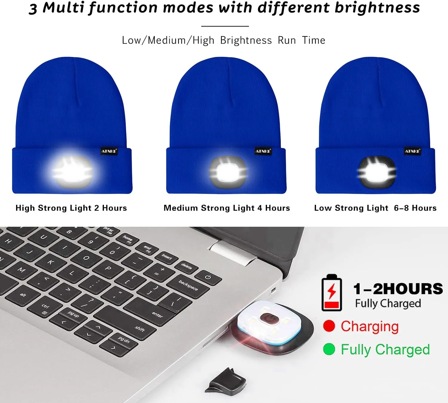 ATNKE LED Lighted Beanie Hat,USB Rechargeable 4 LED Running Headlamp Lined Fleece Cap with Light Gift for Men and Women