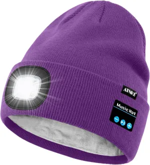 ATNKE LED Lighted Bluetooth Beanie Hat,USB Rechargeable 4 LED Wireless Run Headlamp Lined Fleece Cap for Men and Women