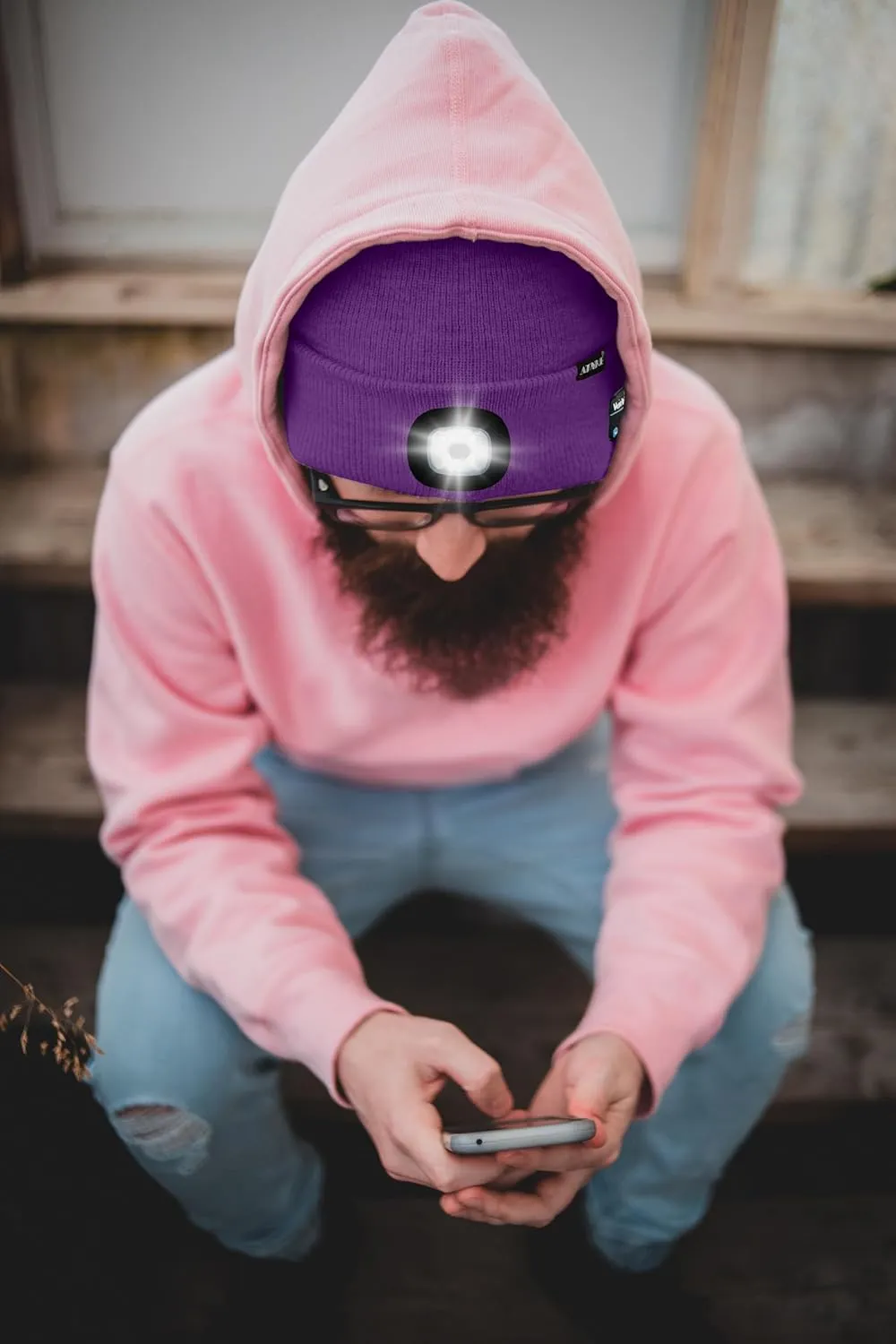 ATNKE LED Lighted Bluetooth Beanie Hat,USB Rechargeable 4 LED Wireless Run Headlamp Lined Fleece Cap for Men and Women