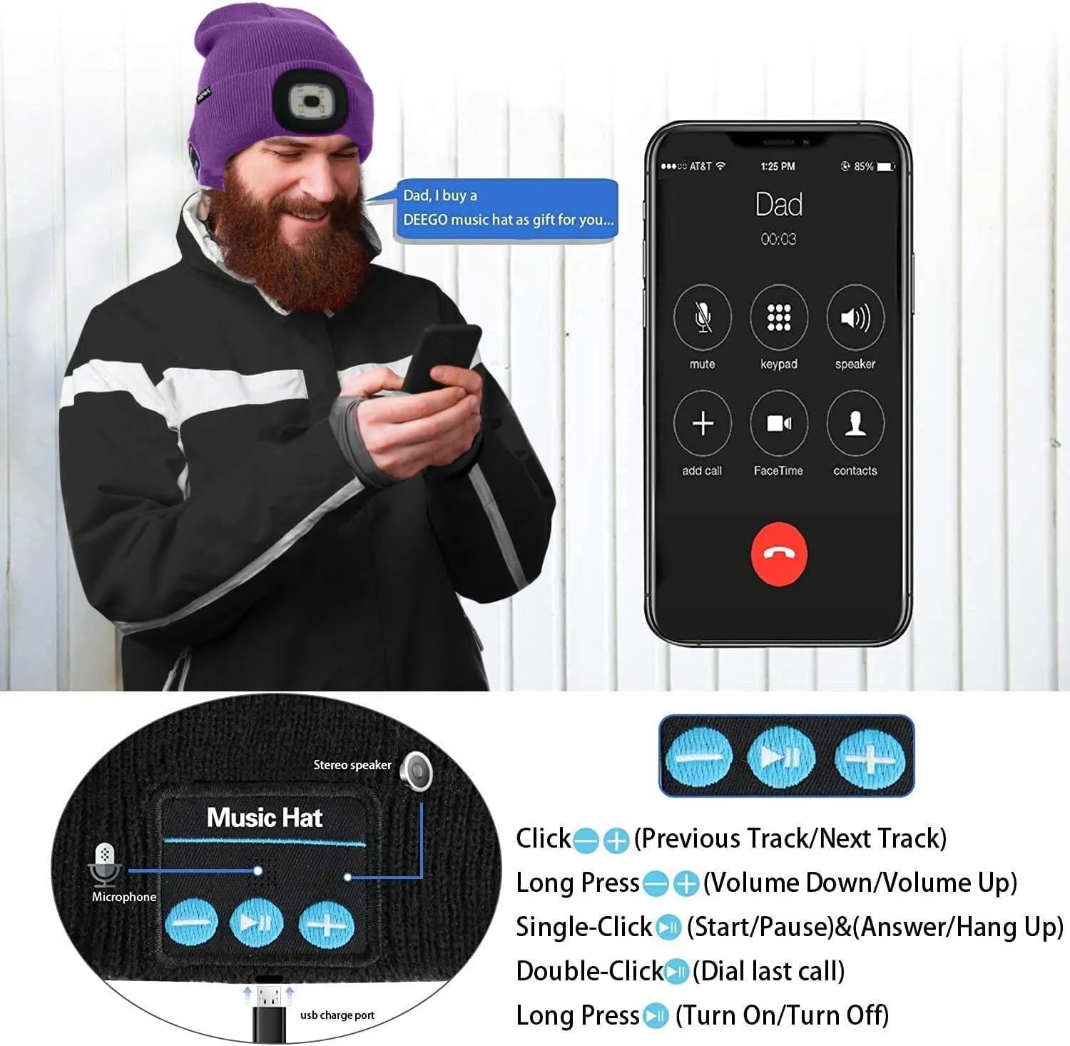 ATNKE LED Lighted Bluetooth Beanie Hat,USB Rechargeable 4 LED Wireless Run Headlamp Lined Fleece Cap for Men and Women