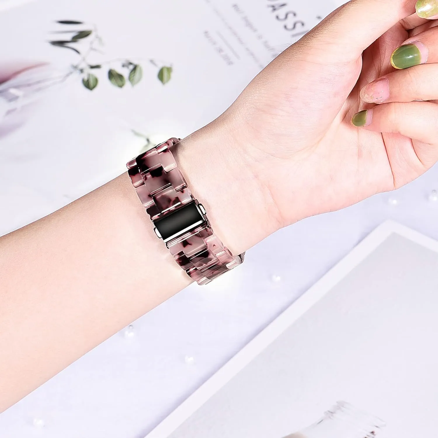 AWSMOR Compatible with Fitbit Versa 2 /Versa/Versa Lite Band Women men Resin Wristbands Strap with Metal Stainless Steel Buckle Replacement for Fitbit Versa 2 Smartwatch（Tortoise Stone）