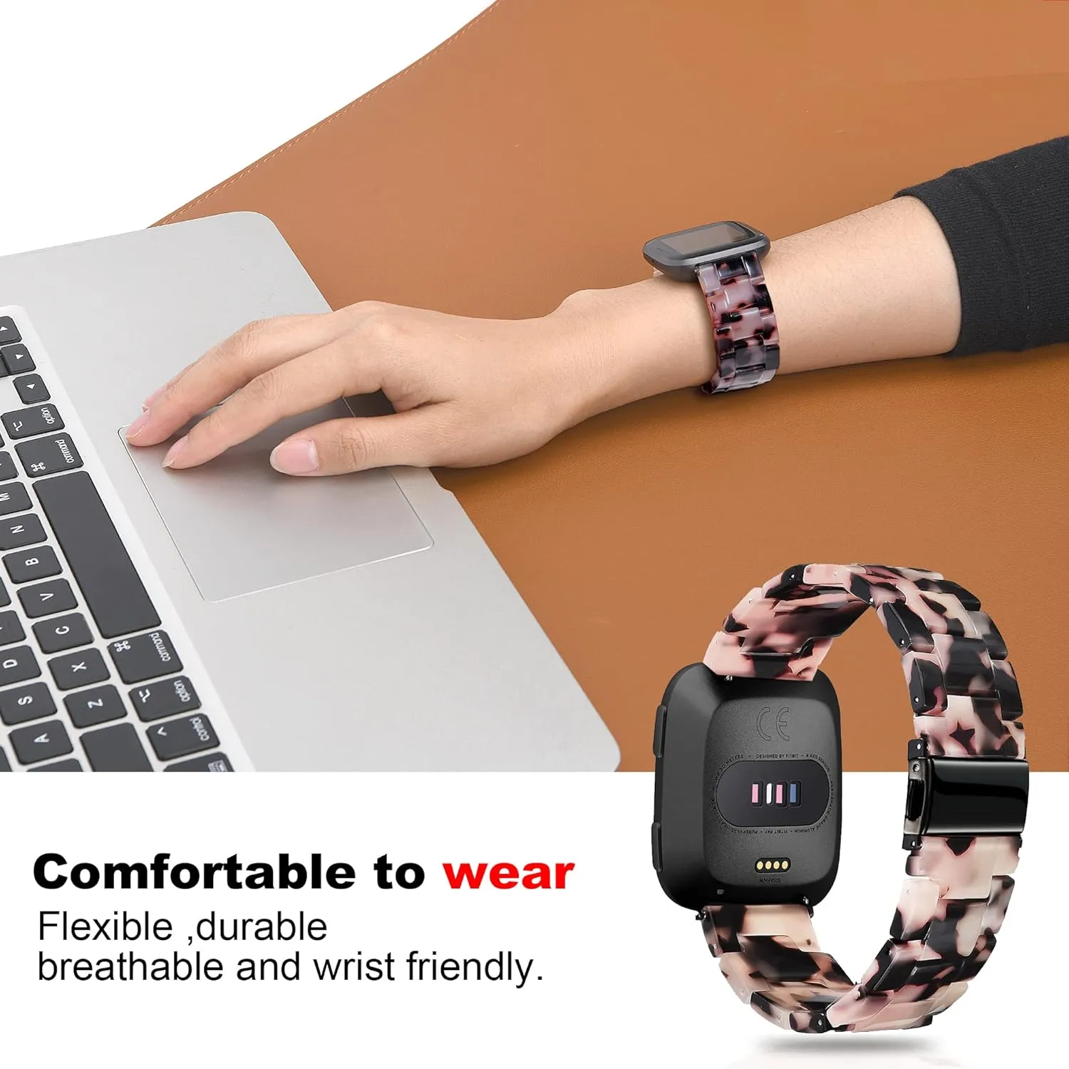 AWSMOR Compatible with Fitbit Versa 2 /Versa/Versa Lite Band Women men Resin Wristbands Strap with Metal Stainless Steel Buckle Replacement for Fitbit Versa 2 Smartwatch（Tortoise Stone）