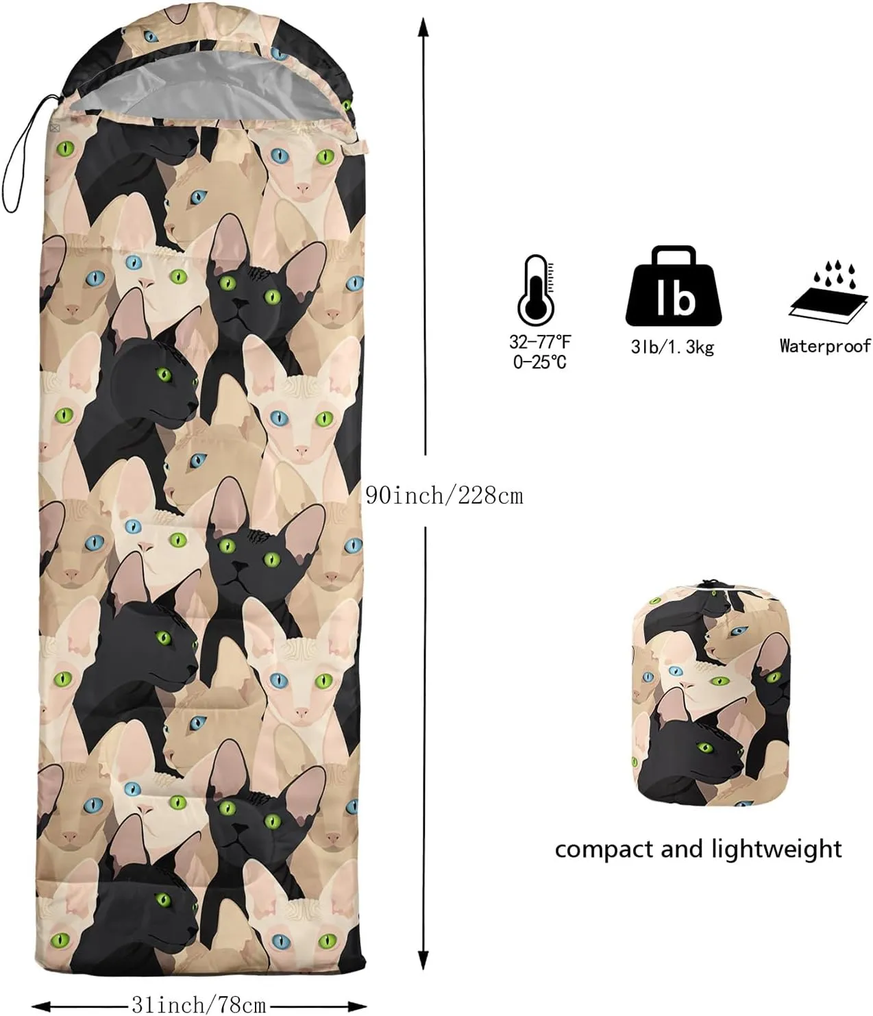 Axolotl Black Cats Sleeping Bag for Kids Adults–Lightweight Warm Cold Weather Sleeping Bags,Waterproof Portable Sleeping Bag for Camping,3 Season Cold Weather Sleeping Bag,Sleeping Bag for Hiking