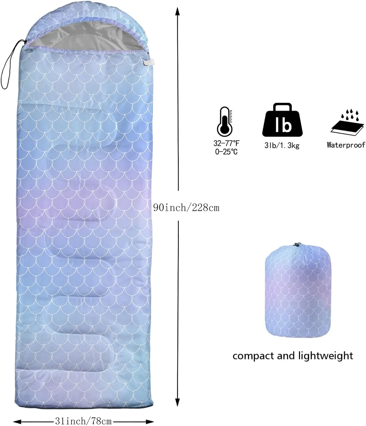 Axolotl Mermaid Scales Kids Sleeping Bag,3 Season Warm Cool Weather–Spring Summer Fall Lightweight Waterproof for Kids Girls,Camping Gear Equipment,Traveling Outdoors,Backpacking Camping Sleeping Bag
