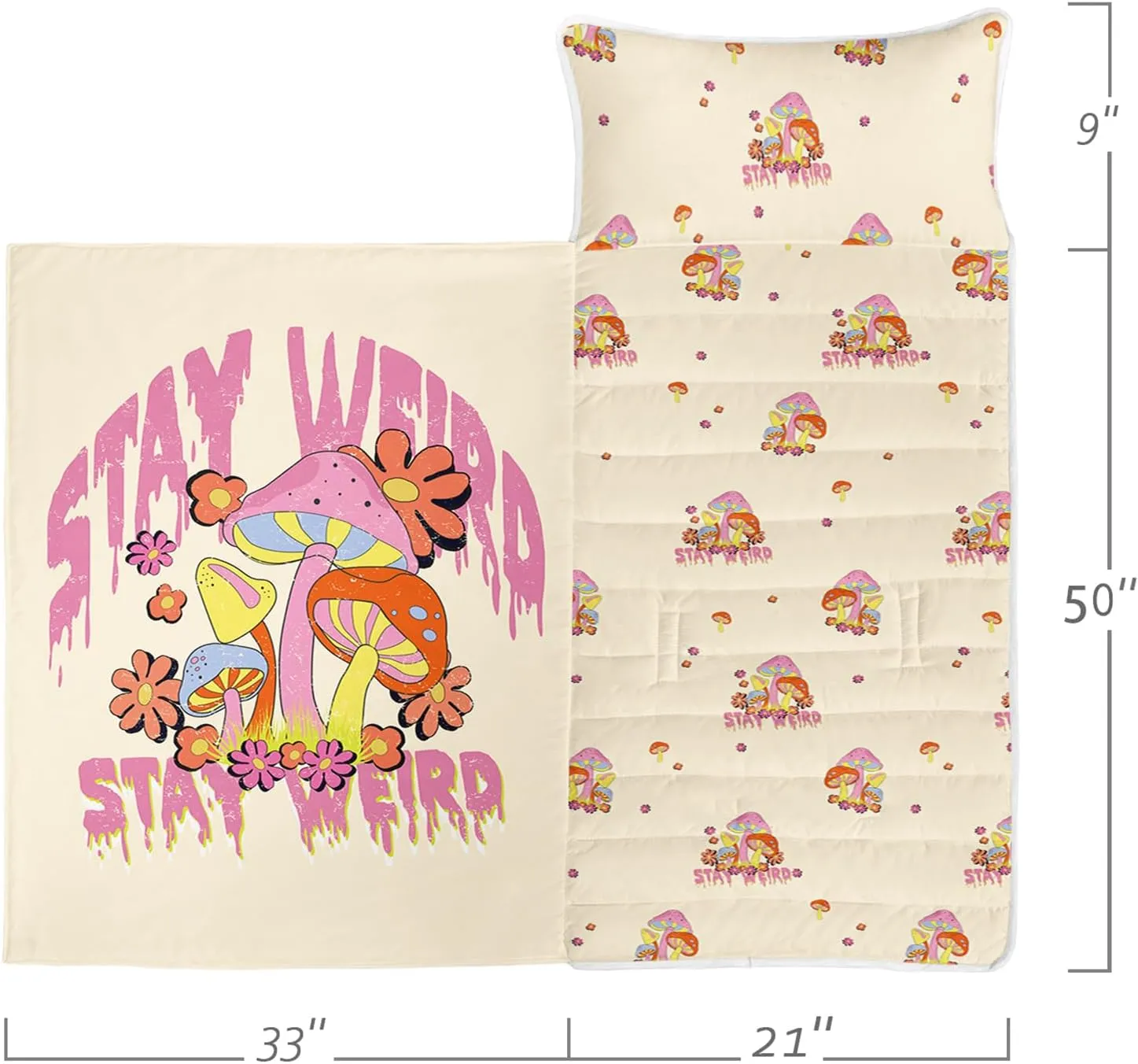 Axolotl Mushrooms Nap Mat,Pink Red Blue Nap Mat with Pillow,Wild Fungus Sleeping Mat for Girls,Flower Travel Sleeping Bag,Botanical Floral Bedding Set for Camping,Roll Up Slumber Bag,Yellow