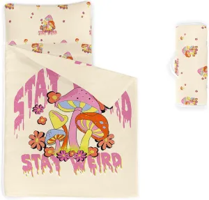 Axolotl Mushrooms Nap Mat,Pink Red Blue Nap Mat with Pillow,Wild Fungus Sleeping Mat for Girls,Flower Travel Sleeping Bag,Botanical Floral Bedding Set for Camping,Roll Up Slumber Bag,Yellow
