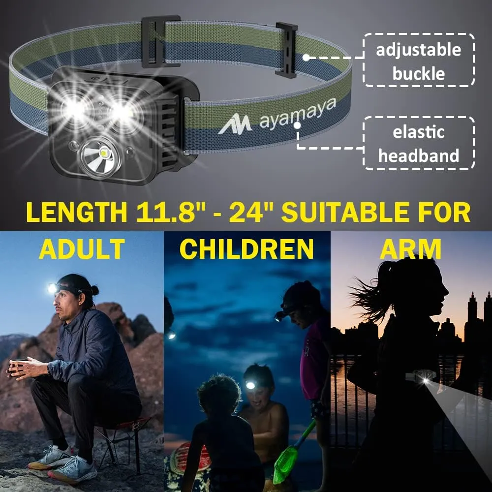 ayamaya Headlamp Rechargeable Head Lamps 500 Lumens Super Bright 6 Modes with Sensor -2 Pack Waterproof USB Headlights with Red Flashlight and Warning Light for Night Running Camping Cycling Fishing
