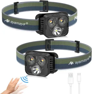 ayamaya Headlamp Rechargeable Head Lamps 500 Lumens Super Bright 6 Modes with Sensor -2 Pack Waterproof USB Headlights with Red Flashlight and Warning Light for Night Running Camping Cycling Fishing