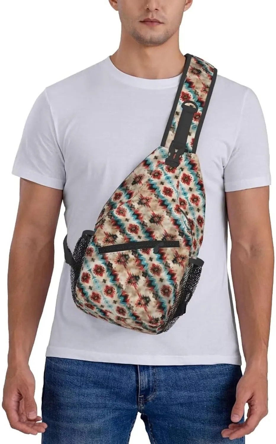 Aztec Southwest Mini Sling Bag for Men and Women Ethnic Tribal Small Crossbody Bag Lightweight Casual Waterproof Chest Bag for Travel Phone, Geometry
