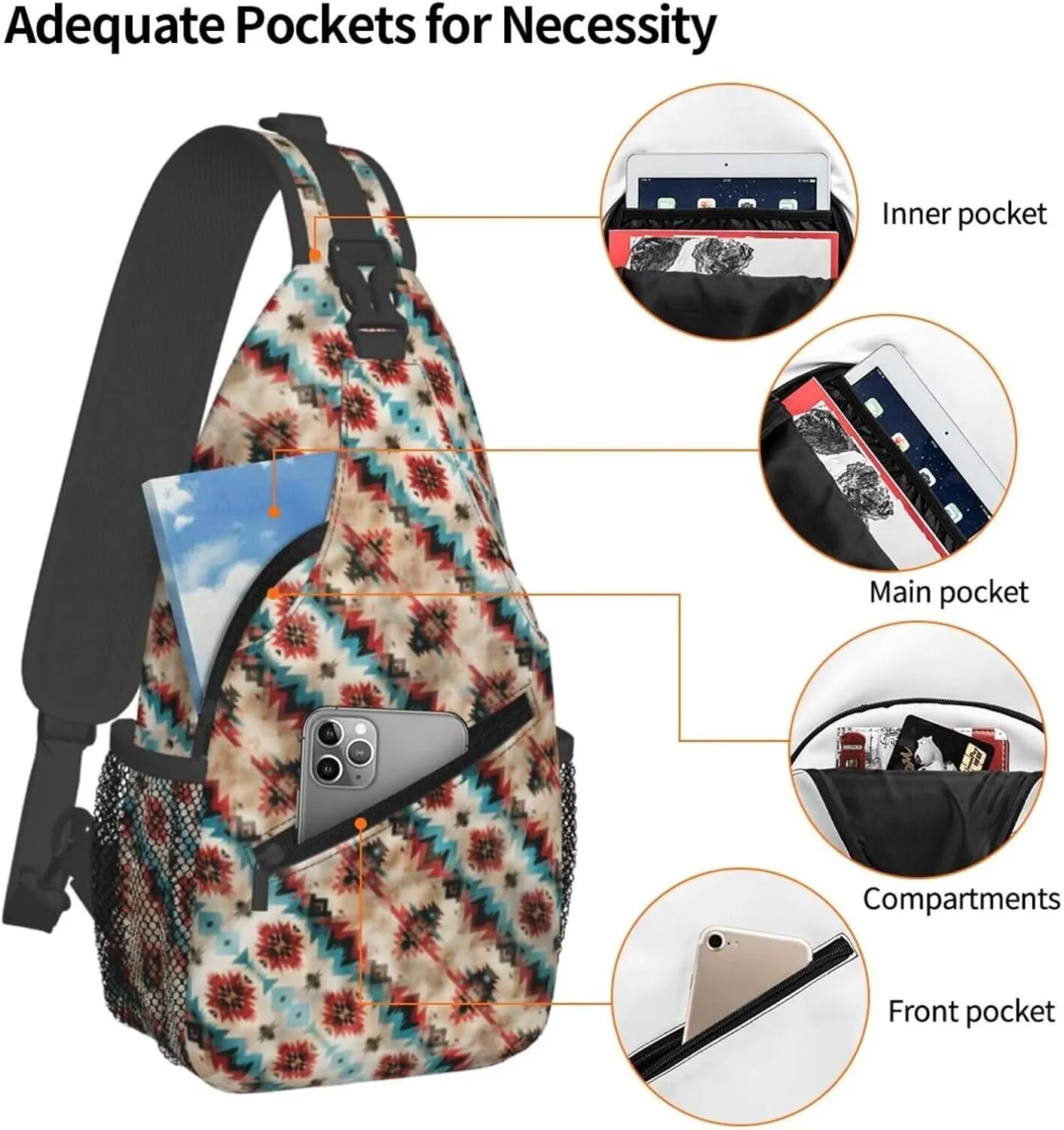 Aztec Southwest Mini Sling Bag for Men and Women Ethnic Tribal Small Crossbody Bag Lightweight Casual Waterproof Chest Bag for Travel Phone, Geometry