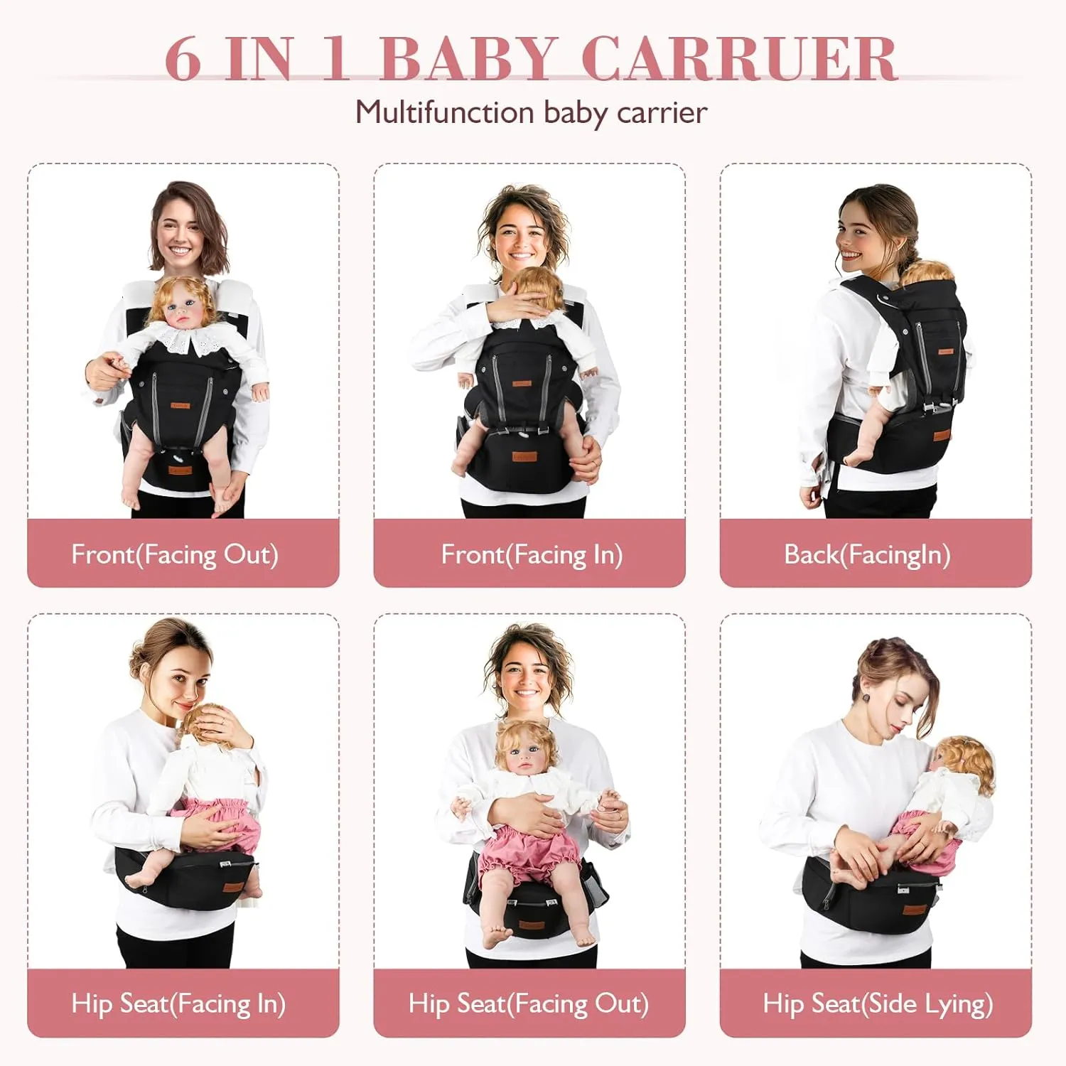 Baby Carrier Newborn to Toddler- 6 in 1 Baby Carrier with Hip Seat, Baby Body Holder with Back Support, Ergonomic, Cozy and Lightweight Infant Carrier Backpack Carrier