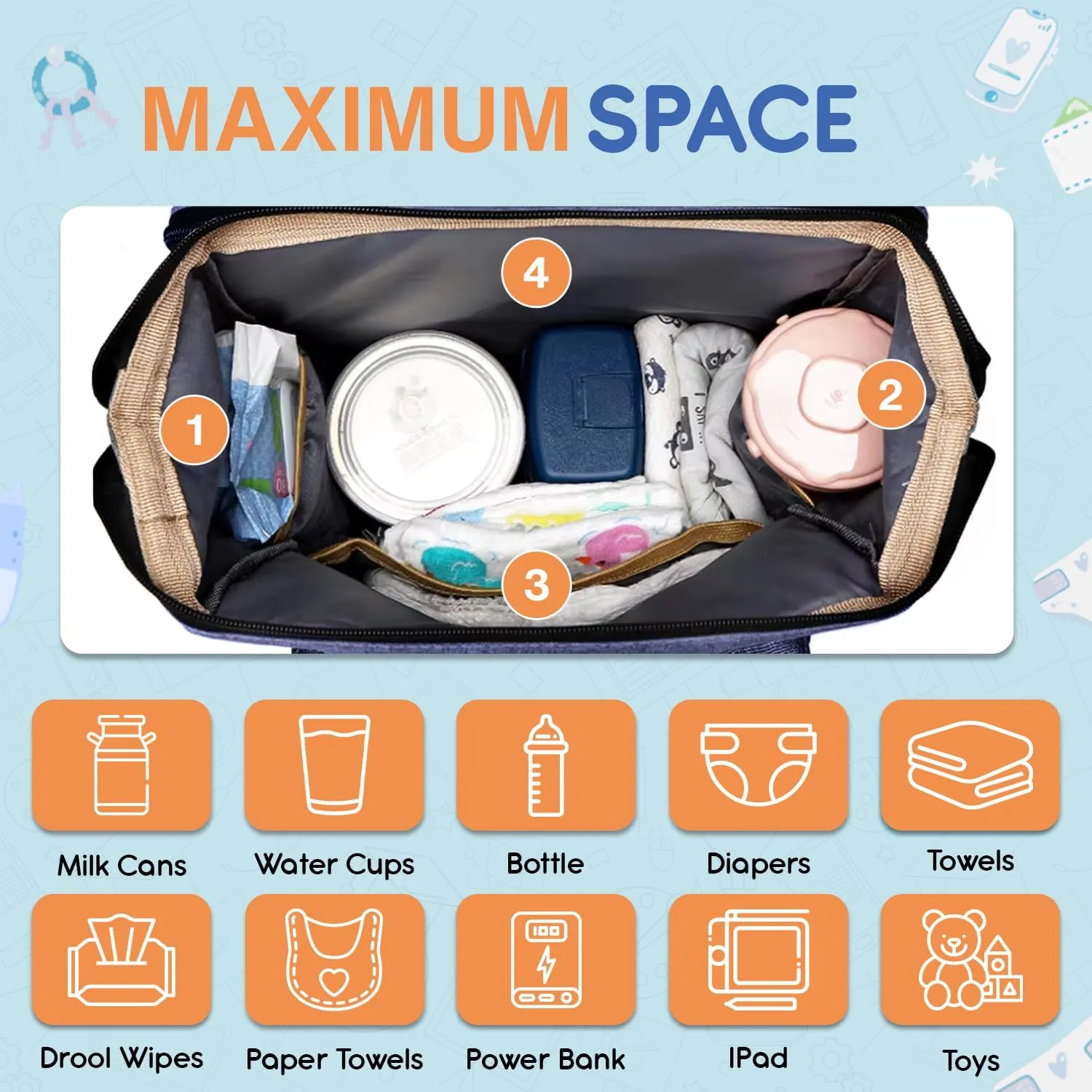 Baby Diaper Bag Backpack is a large, water-resistant deep blue travel diaper tote for moms and dads, designed with spacious compartments and a practical, multi-function design.