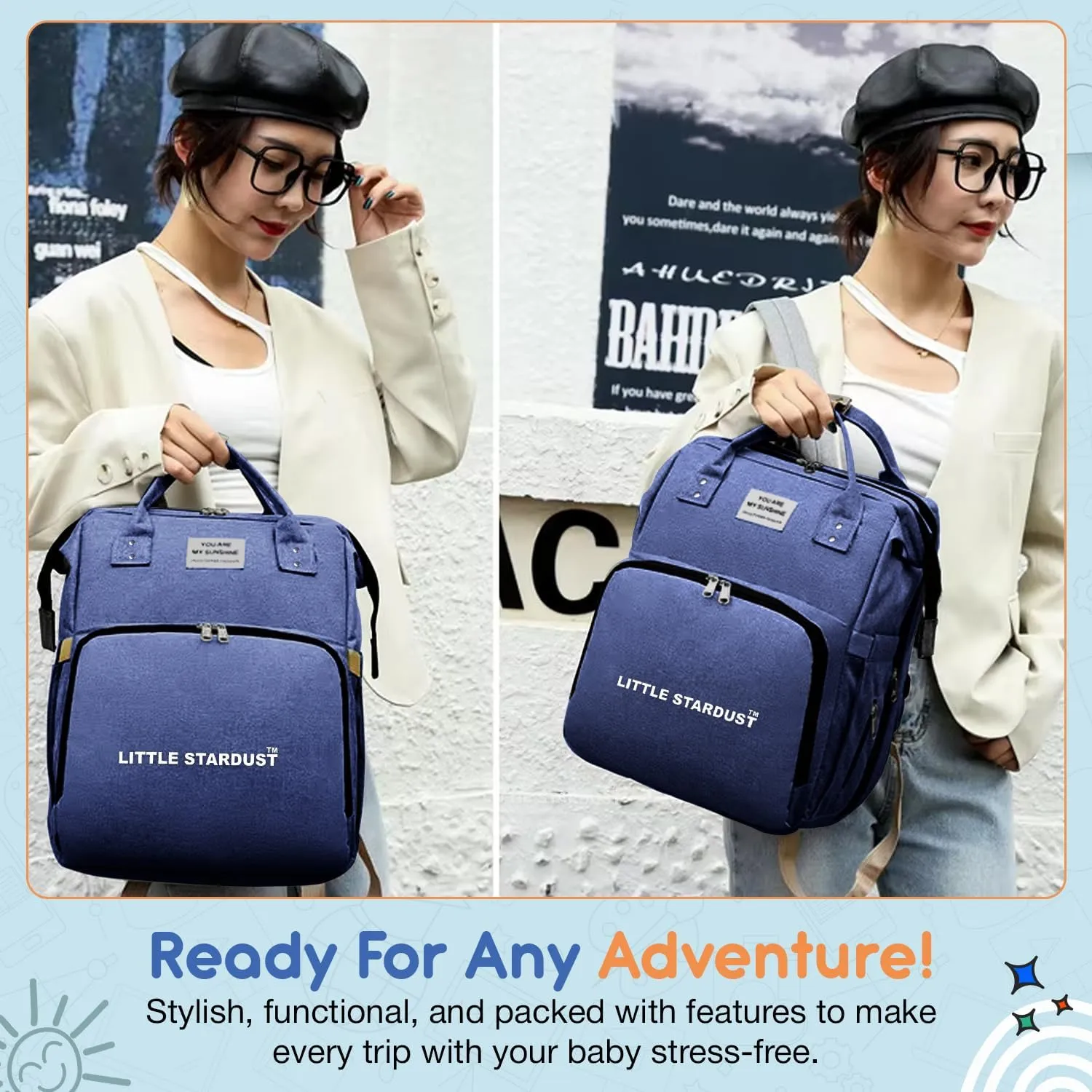 Baby Diaper Bag Backpack is a large, water-resistant deep blue travel diaper tote for moms and dads, designed with spacious compartments and a practical, multi-function design.