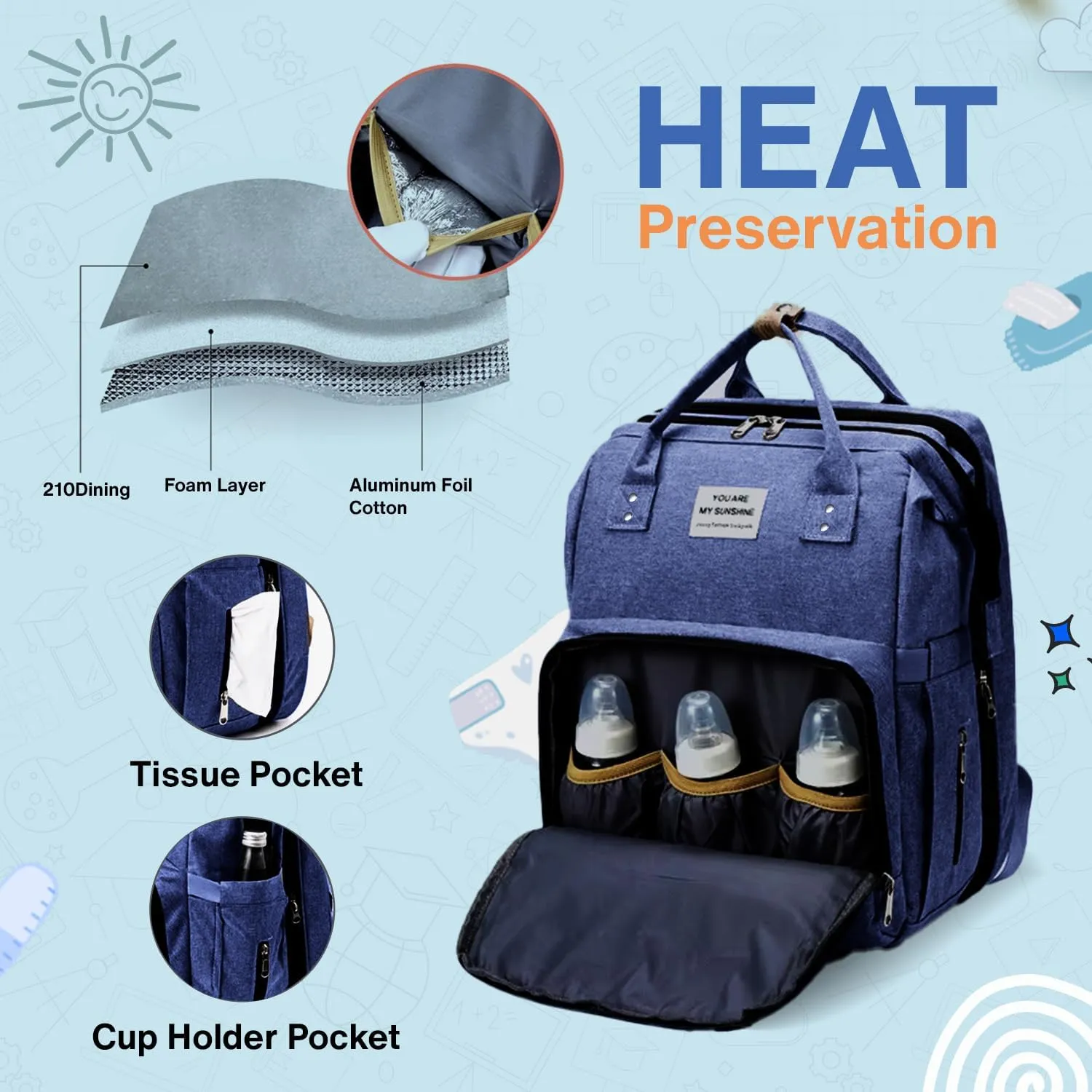 Baby Diaper Bag Backpack is a large, water-resistant deep blue travel diaper tote for moms and dads, designed with spacious compartments and a practical, multi-function design.