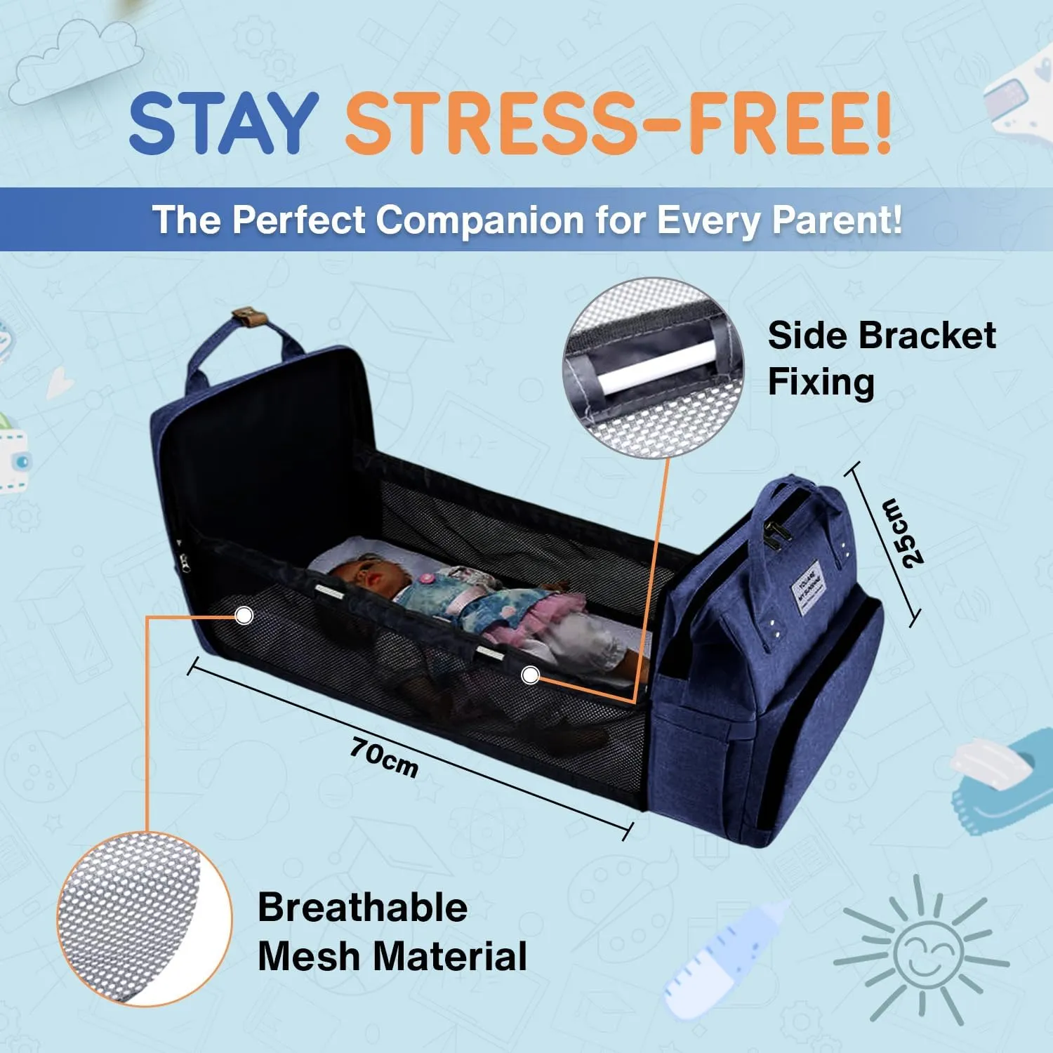 Baby Diaper Bag Backpack is a large, water-resistant deep blue travel diaper tote for moms and dads, designed with spacious compartments and a practical, multi-function design.