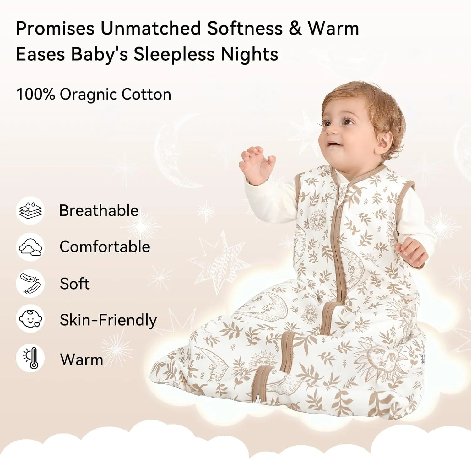 Baby Sleep Sack 6-12 Months 3 Pack 100% Cotton Lightweight 0.5 TOG Wearable Blanket Baby Sleep Bag with 2-Way Zipper for Newborn Infant Beige