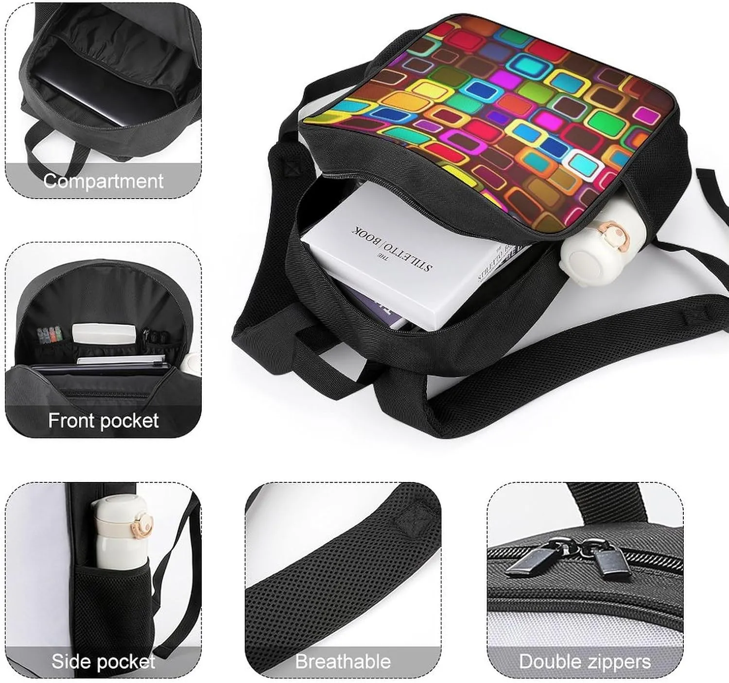 Backpack for Women Men Travel Colorful Squares Daypack Lightweight Laptop Bag Carry On Backpacks for Work