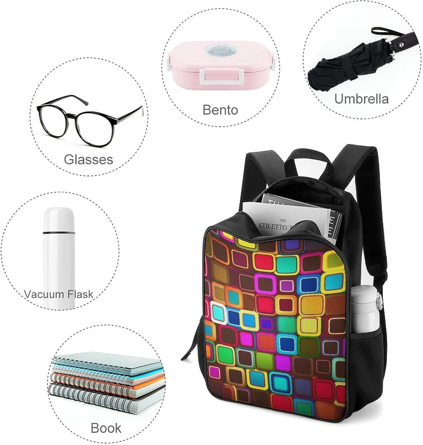 Backpack for Women Men Travel Colorful Squares Daypack Lightweight Laptop Bag Carry On Backpacks for Work