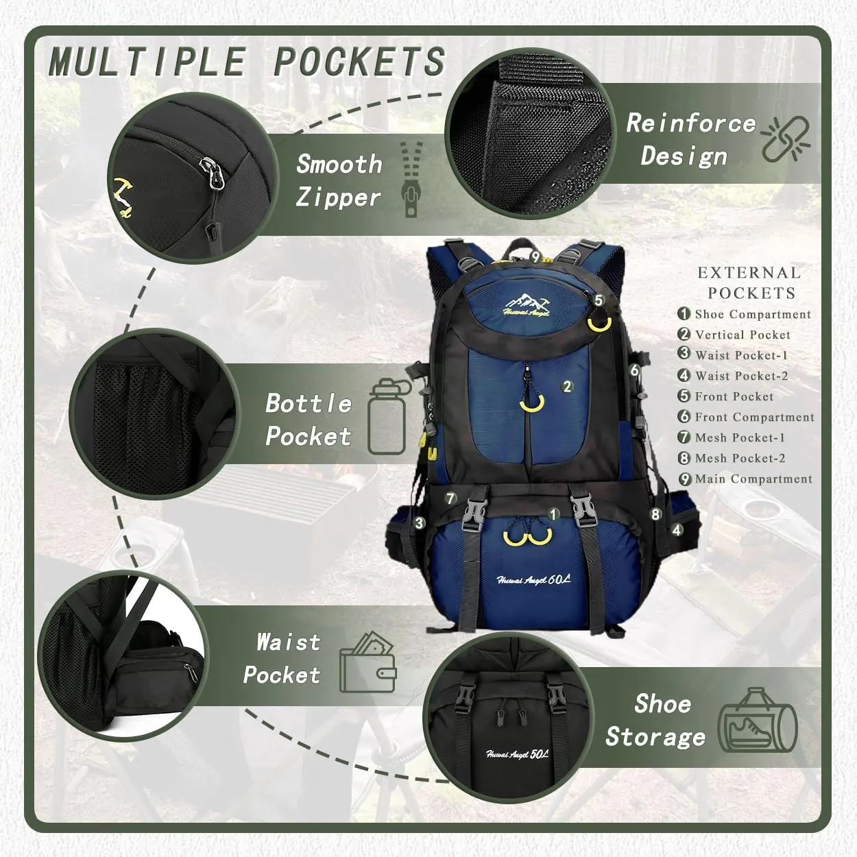 Backpack Hiking Camping Backpack Daypack 40L 50L 60L Water Resistant Lightweight Travel Backpack For Wemen Men (Blue, 40L)