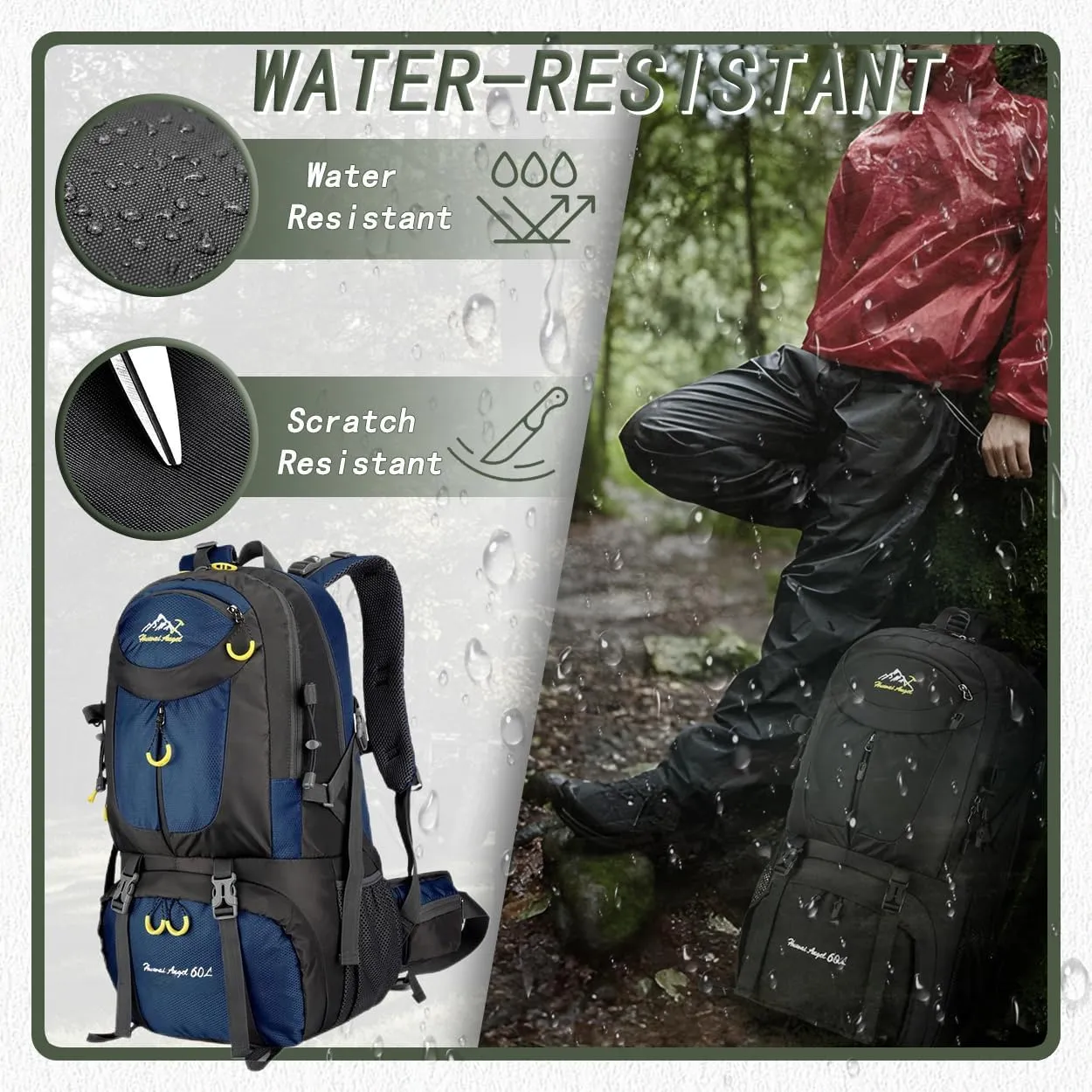Backpack Hiking Camping Backpack Daypack 40L 50L 60L Water Resistant Lightweight Travel Backpack For Wemen Men (Blue, 40L)
