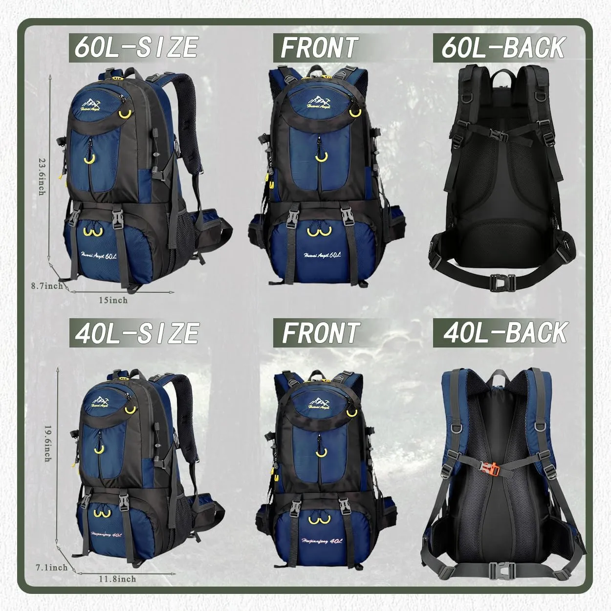 Backpack Hiking Camping Backpack Daypack 40L 50L 60L Water Resistant Lightweight Travel Backpack For Wemen Men (Blue, 40L)