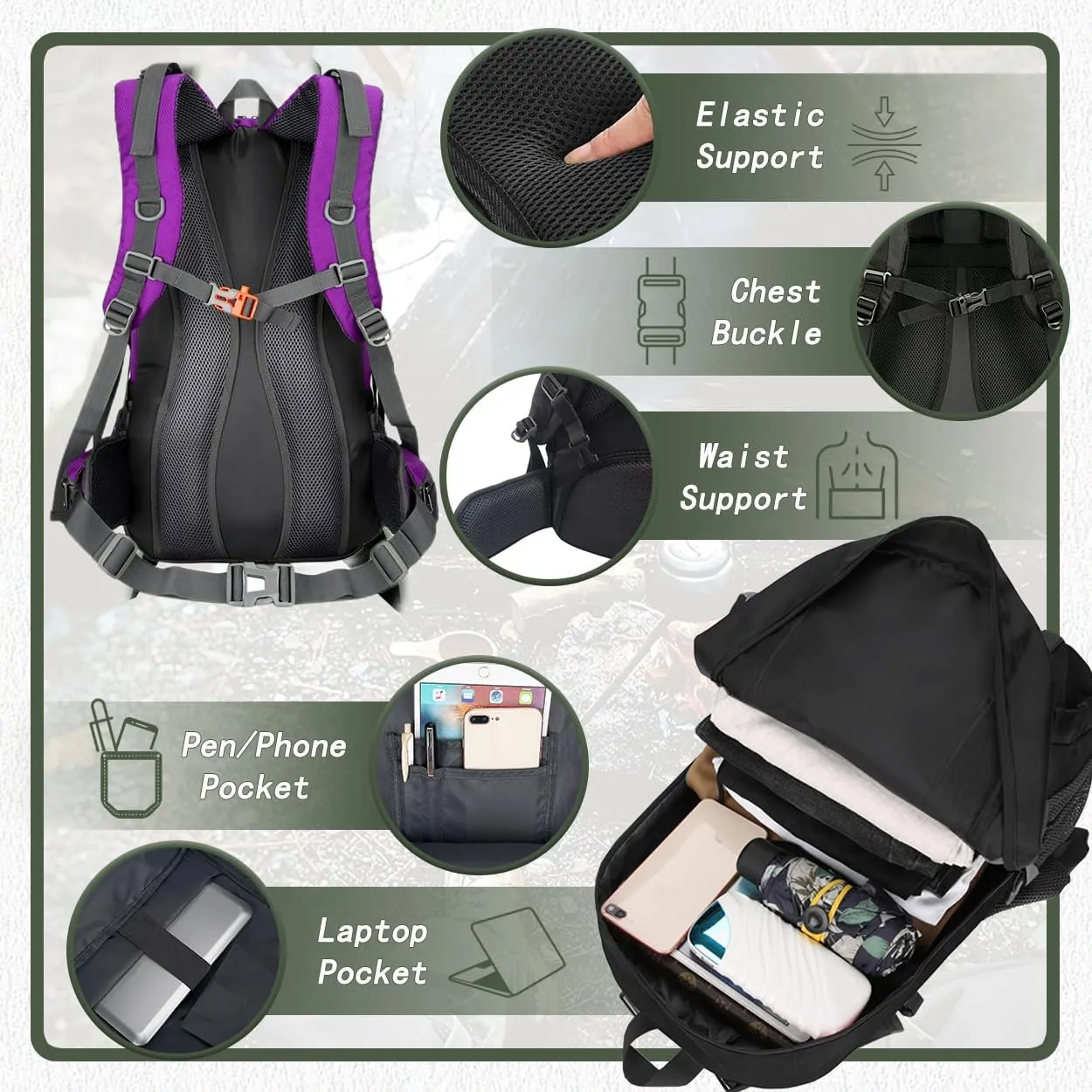 Backpack Hiking Camping Backpack Daypack 40L 50L 60L Water Resistant Lightweight Travel Backpack For Wemen Men (Purple, 60L)