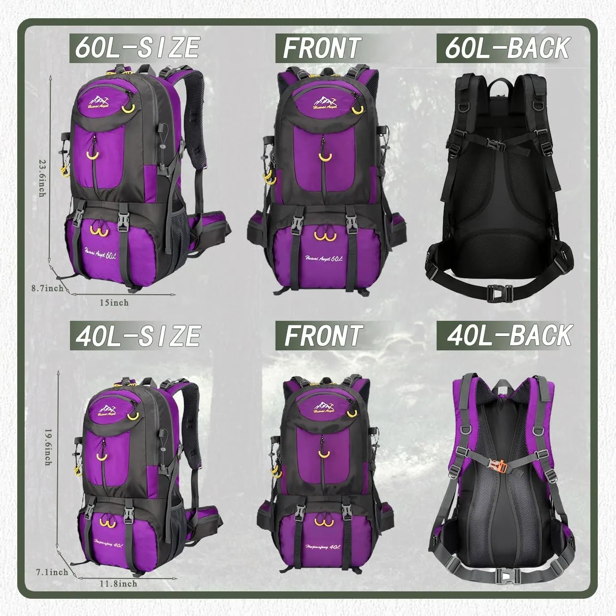 Backpack Hiking Camping Backpack Daypack 40L 50L 60L Water Resistant Lightweight Travel Backpack For Wemen Men (Purple, 60L)