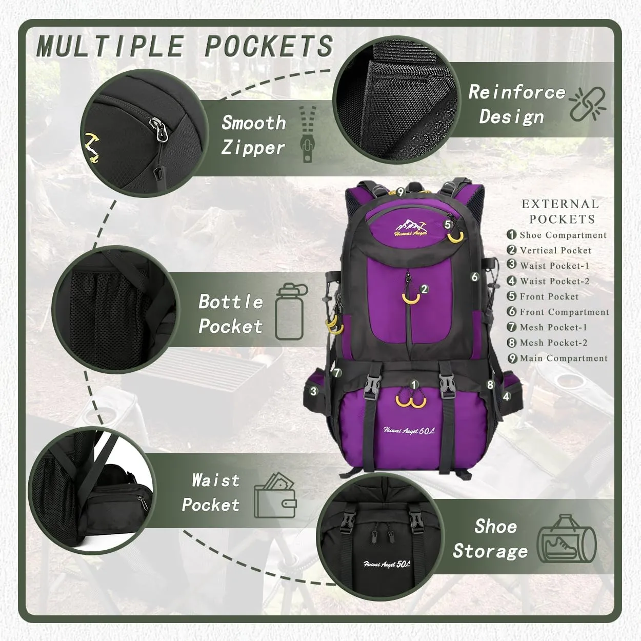 Backpack Hiking Camping Backpack Daypack 40L 50L 60L Water Resistant Lightweight Travel Backpack For Wemen Men (Purple, 60L)