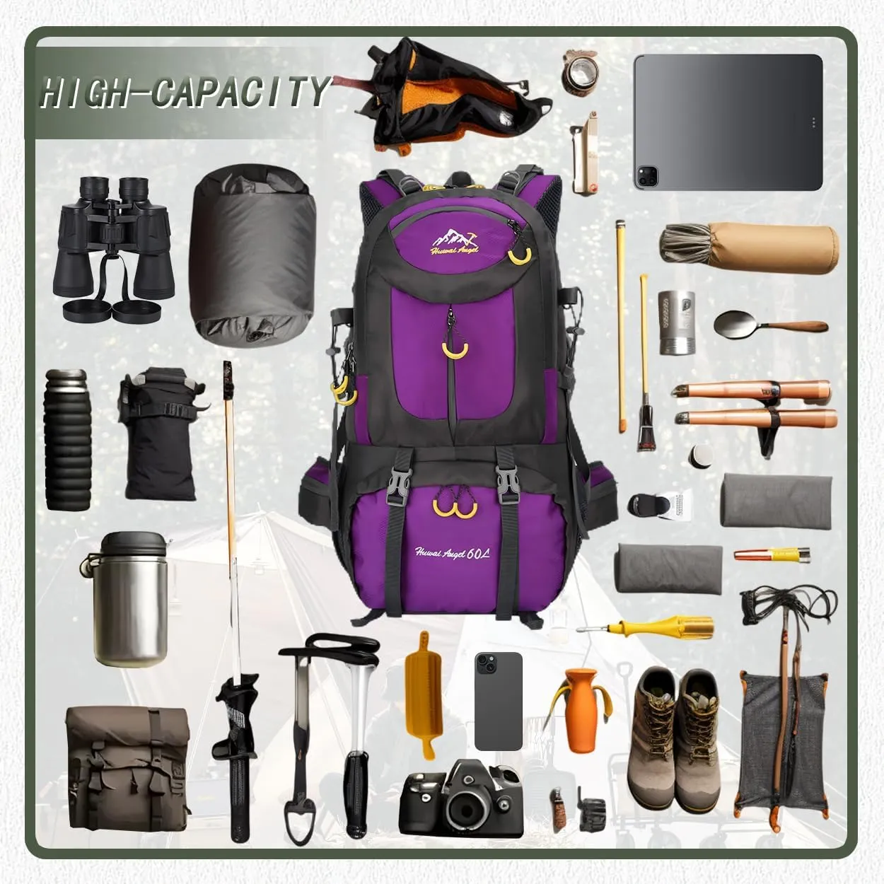 Backpack Hiking Camping Backpack Daypack 40L 50L 60L Water Resistant Lightweight Travel Backpack For Wemen Men (Purple, 60L)