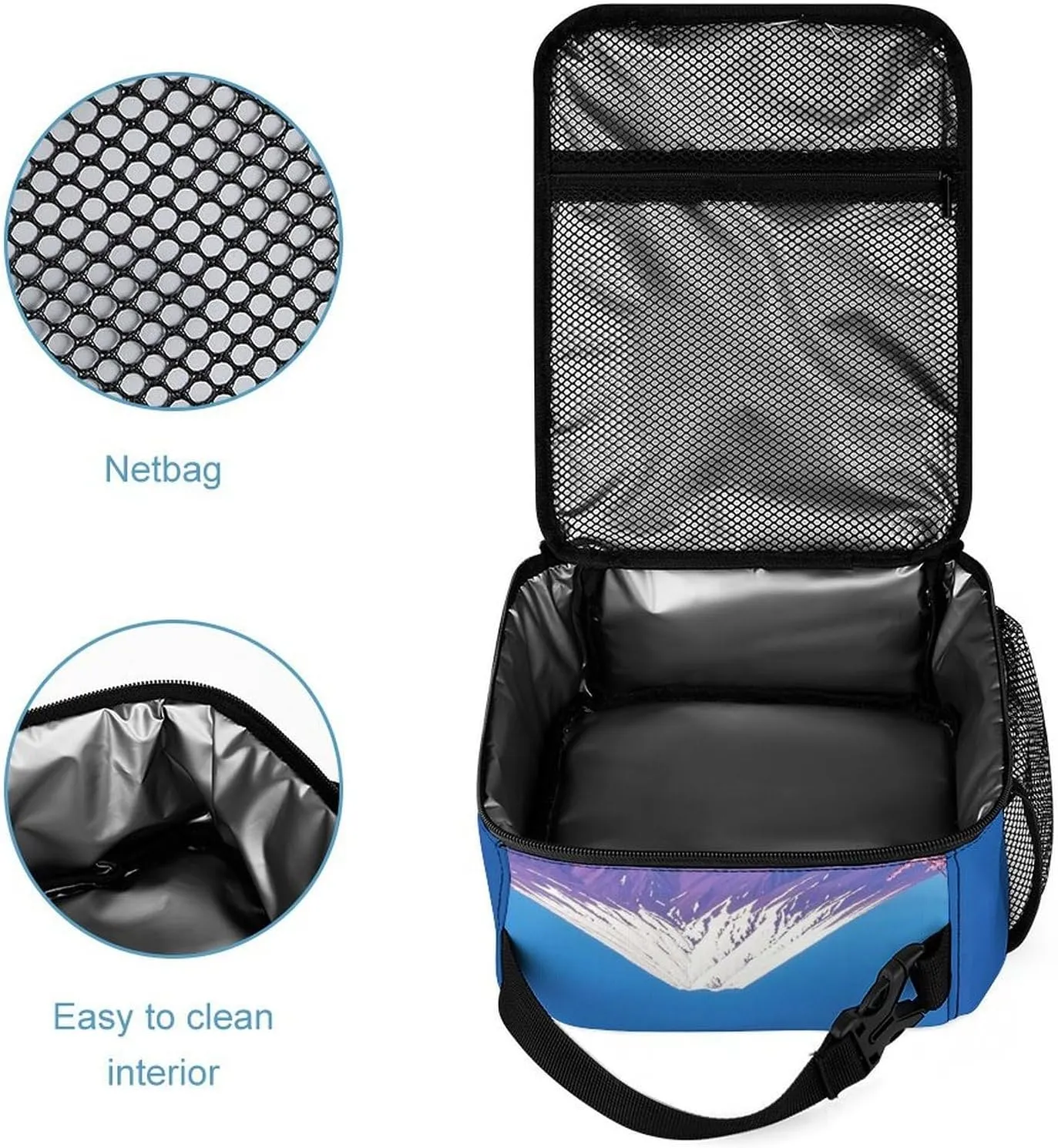 Backpack Lunch Bag Pencil Pouch Set, Purple Mount Fuji Print Lightweight & Durable 3-Piece Combo Ideal for Work, And Travel