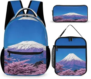 Backpack Lunch Bag Pencil Pouch Set, Purple Mount Fuji Print Lightweight & Durable 3-Piece Combo Ideal for Work, And Travel