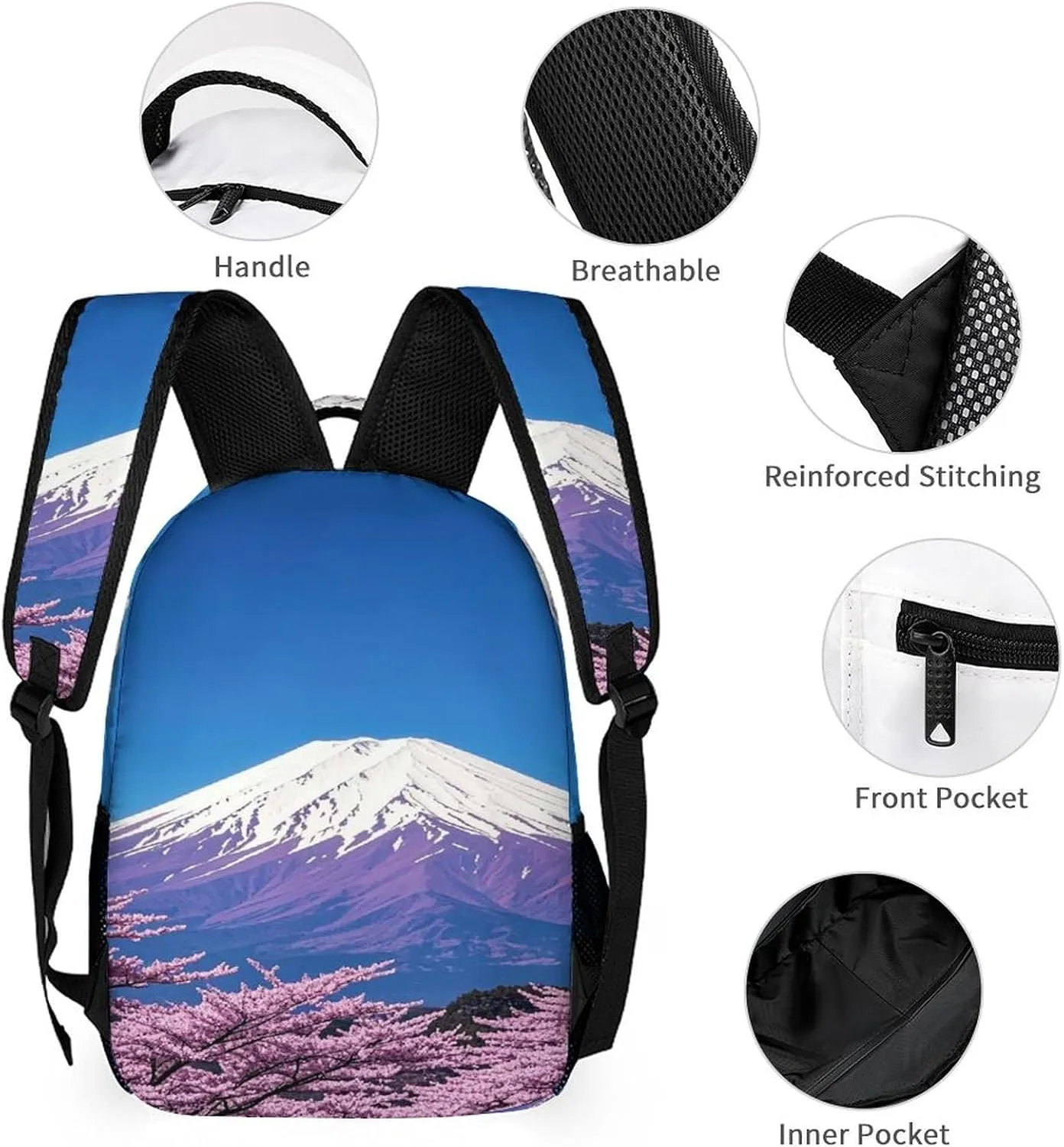 Backpack Lunch Bag Pencil Pouch Set, Purple Mount Fuji Print Lightweight & Durable 3-Piece Combo Ideal for Work, And Travel
