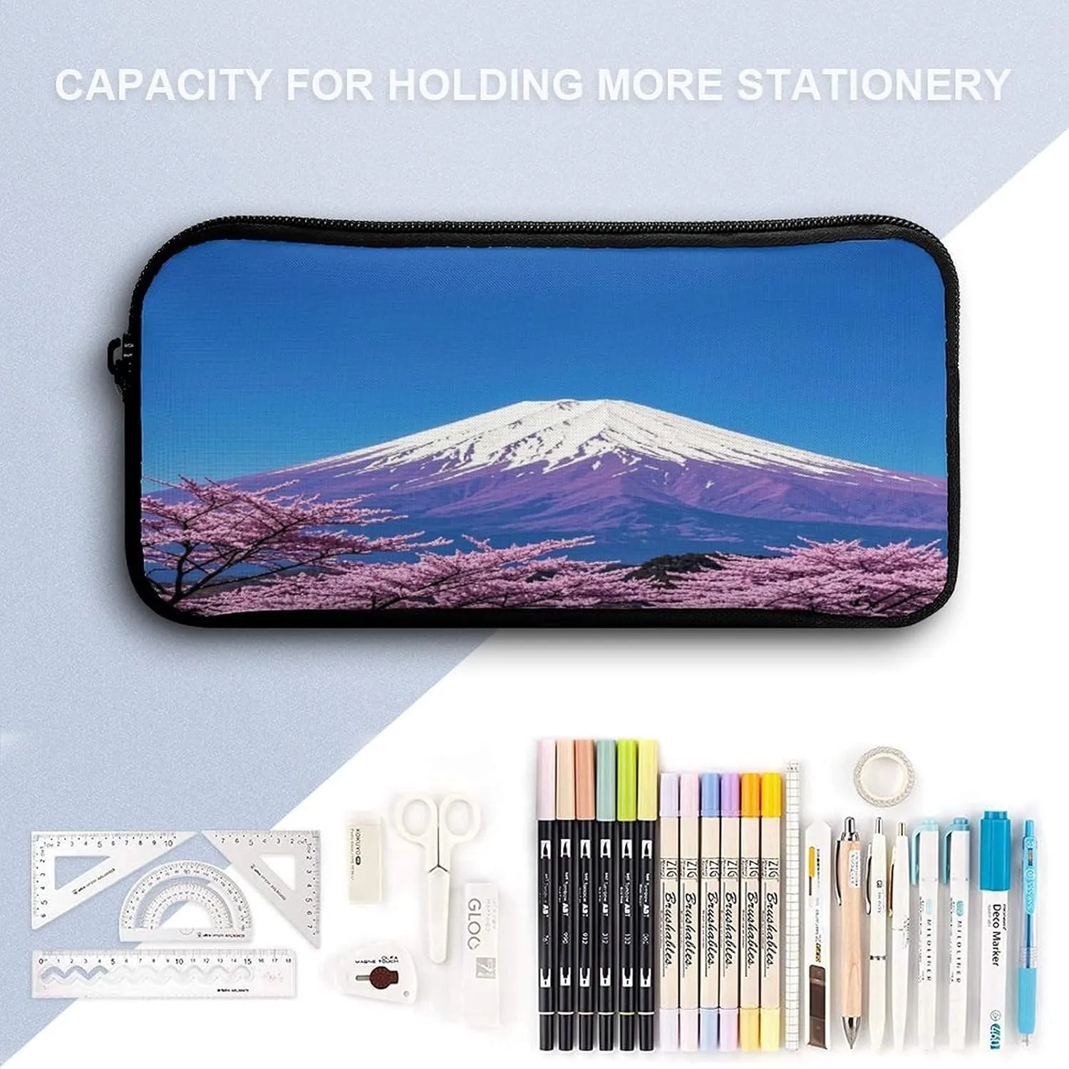 Backpack Lunch Bag Pencil Pouch Set, Purple Mount Fuji Print Lightweight & Durable 3-Piece Combo Ideal for Work, And Travel