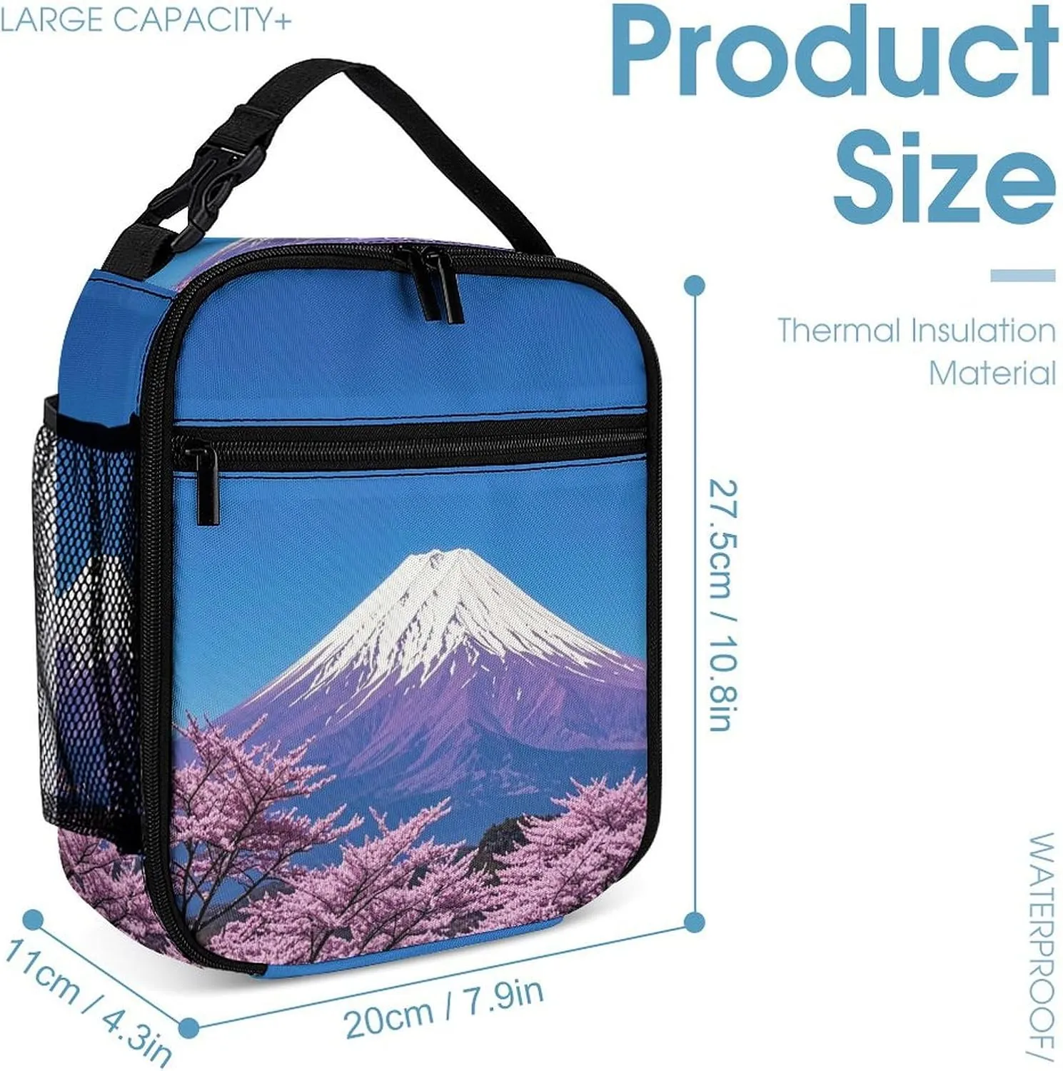 Backpack Lunch Bag Pencil Pouch Set, Purple Mount Fuji Print Lightweight & Durable 3-Piece Combo Ideal for Work, And Travel