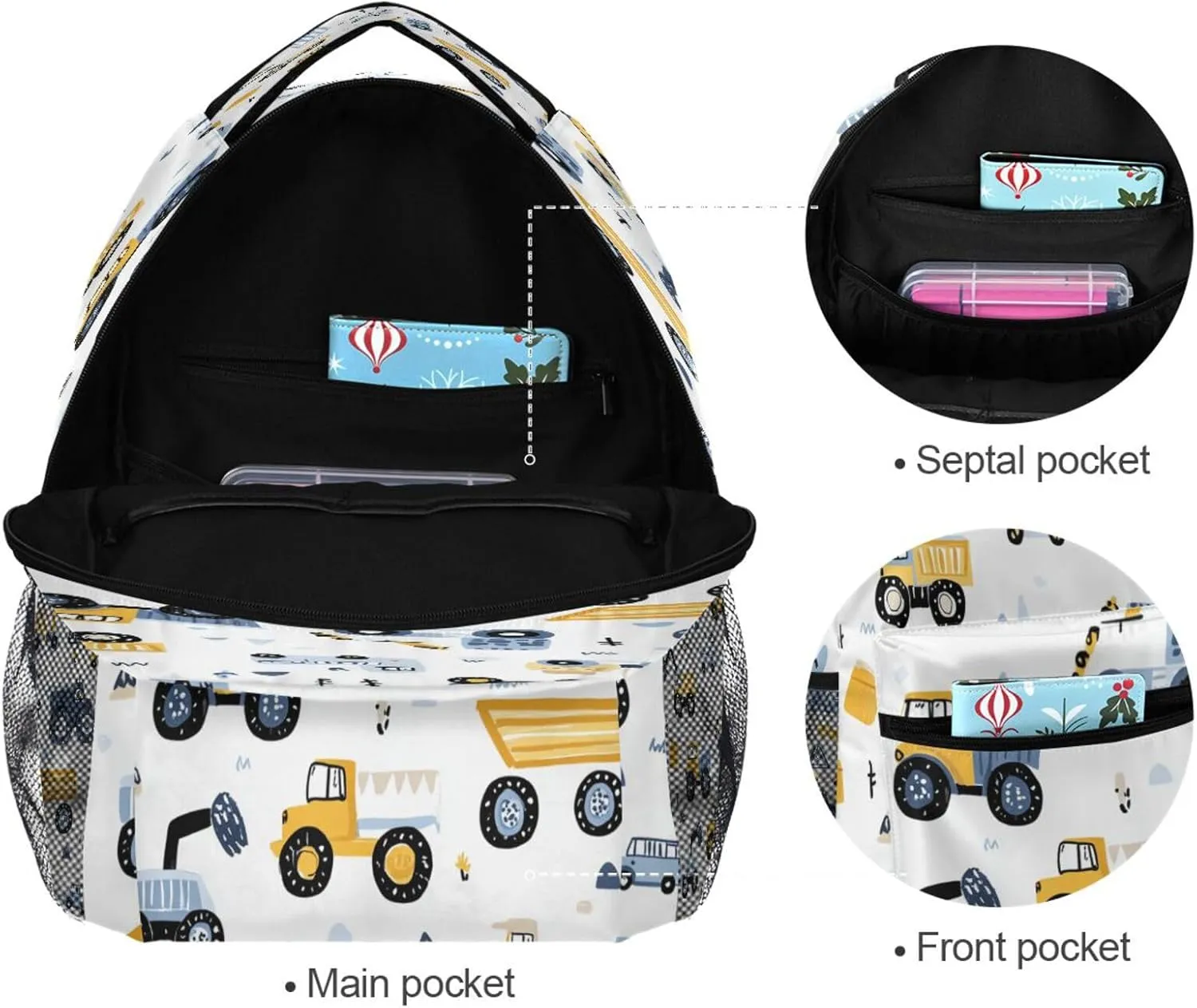 Backpack School Bookbag Travel Bag Yellow Blue Build Construction Transport Car for Girls Boys Teen